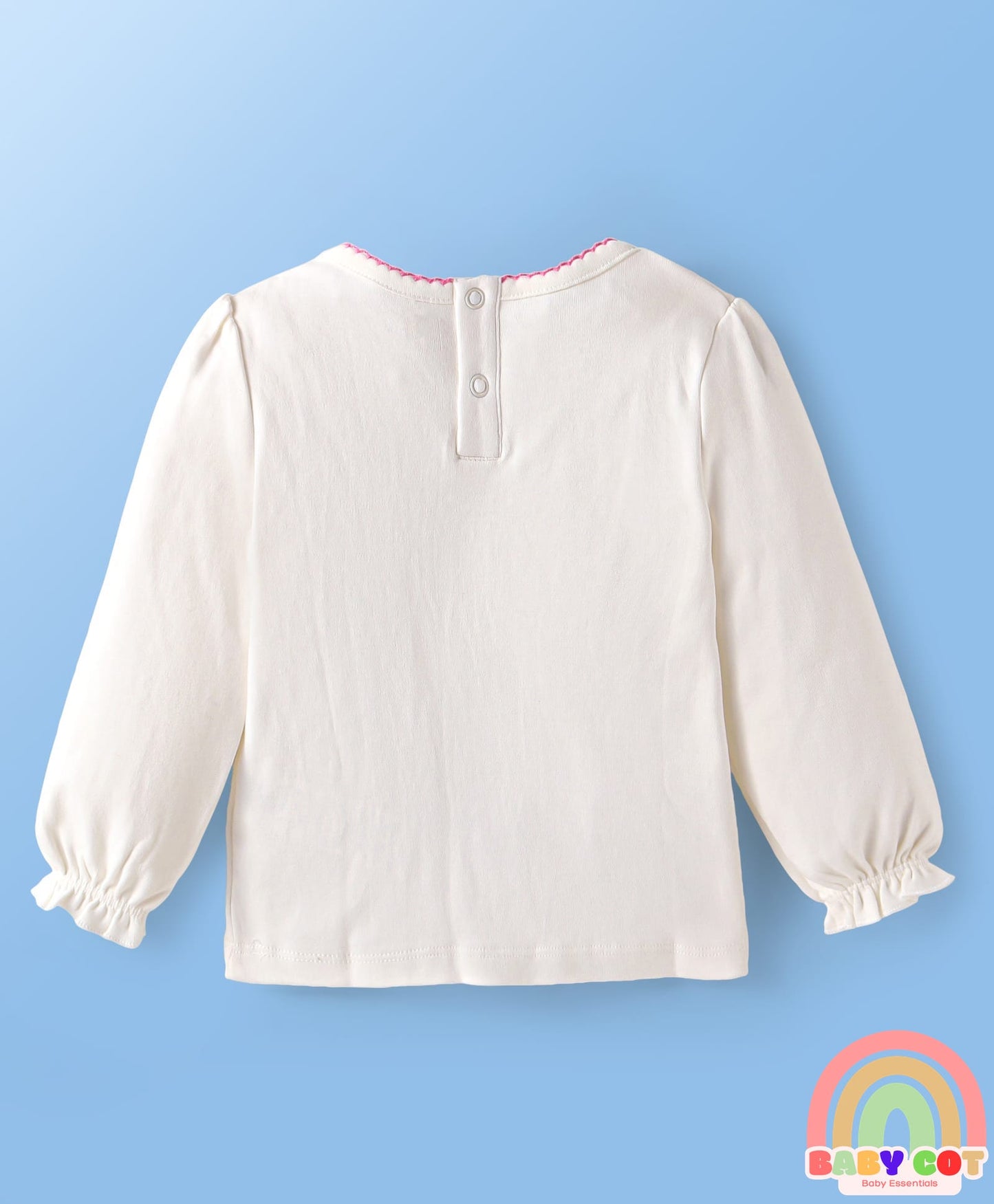100% Cotton Solid Dyed Full Sleeves Top & Legging Set with Floral Applique & Frill Detailing- White & Pink
