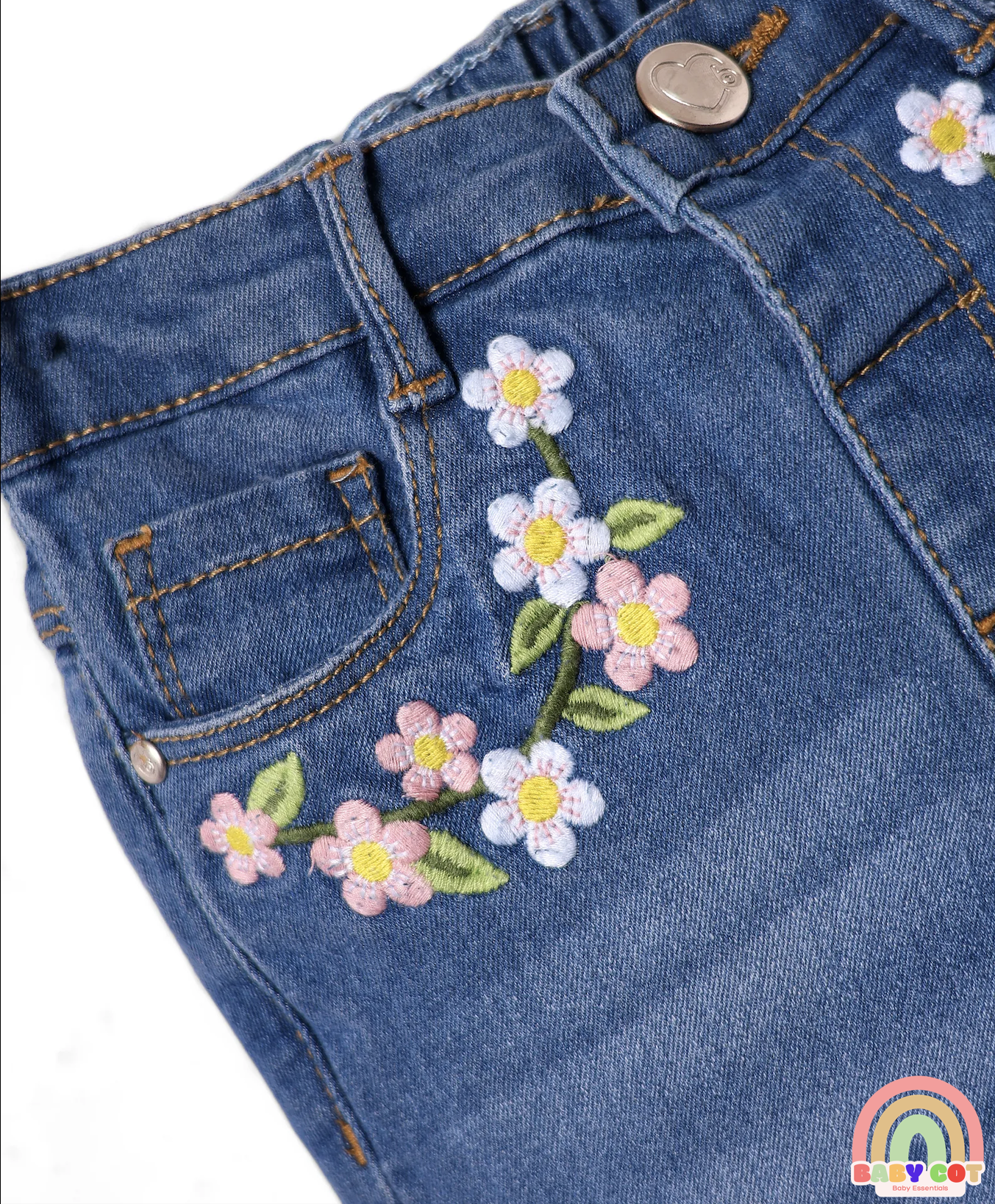 Full Length Washed Denim Jeans with Stretch & Floral Embroidery - Blue