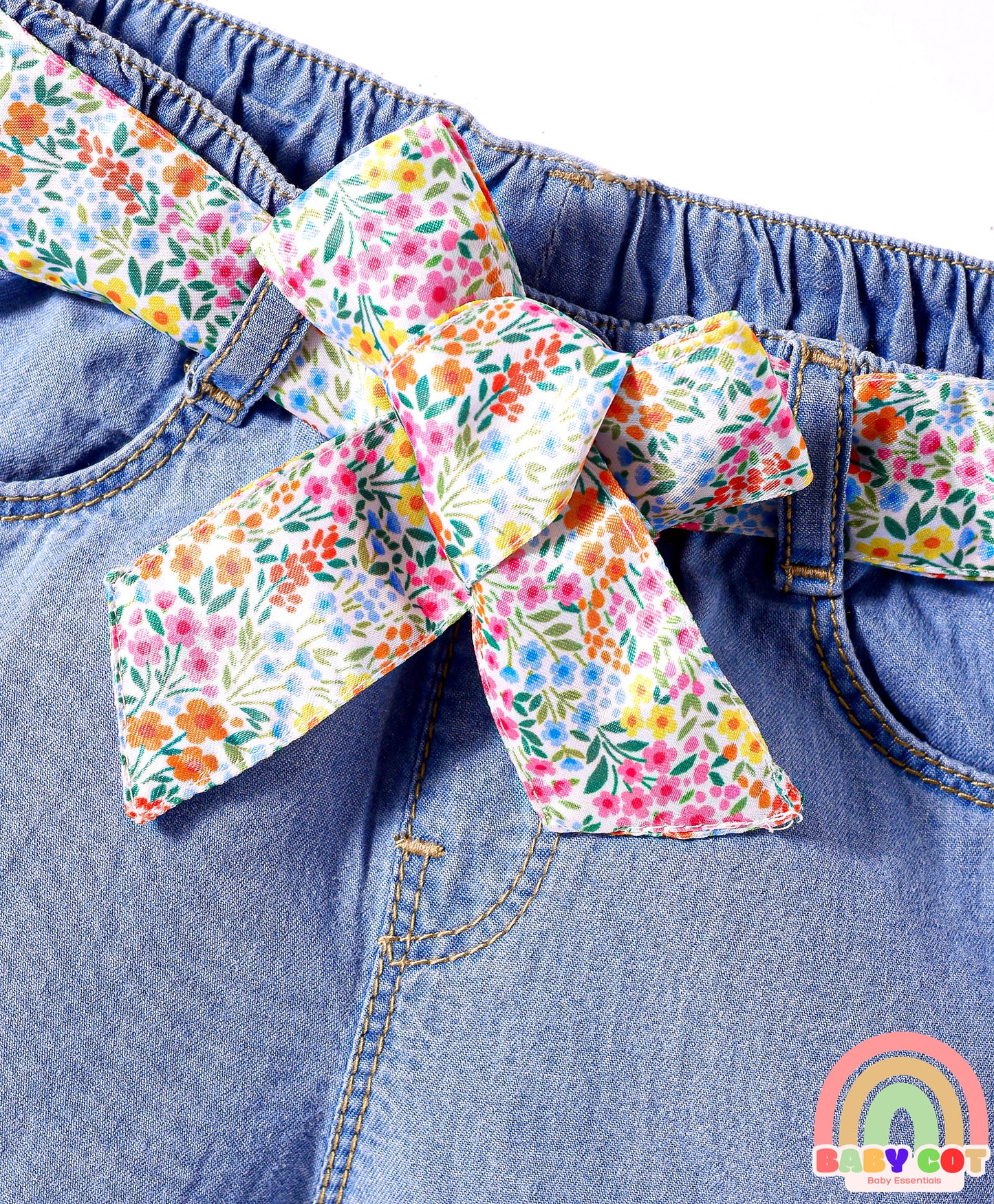 Mid Thigh Washed Denim Shorts With Belt - Blue