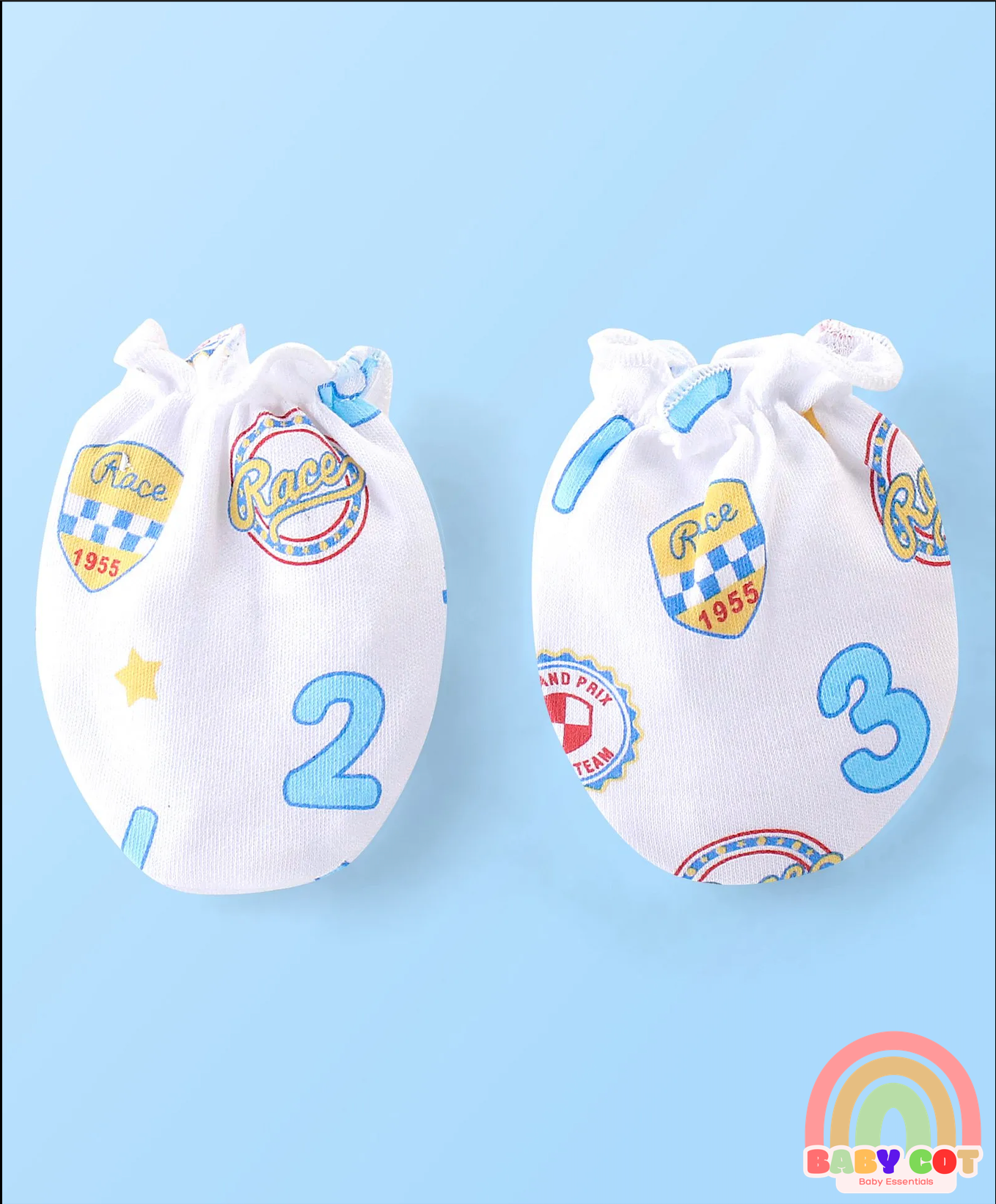 100% Cotton Knit Cap Mittens & Booties Set with Number Print - White