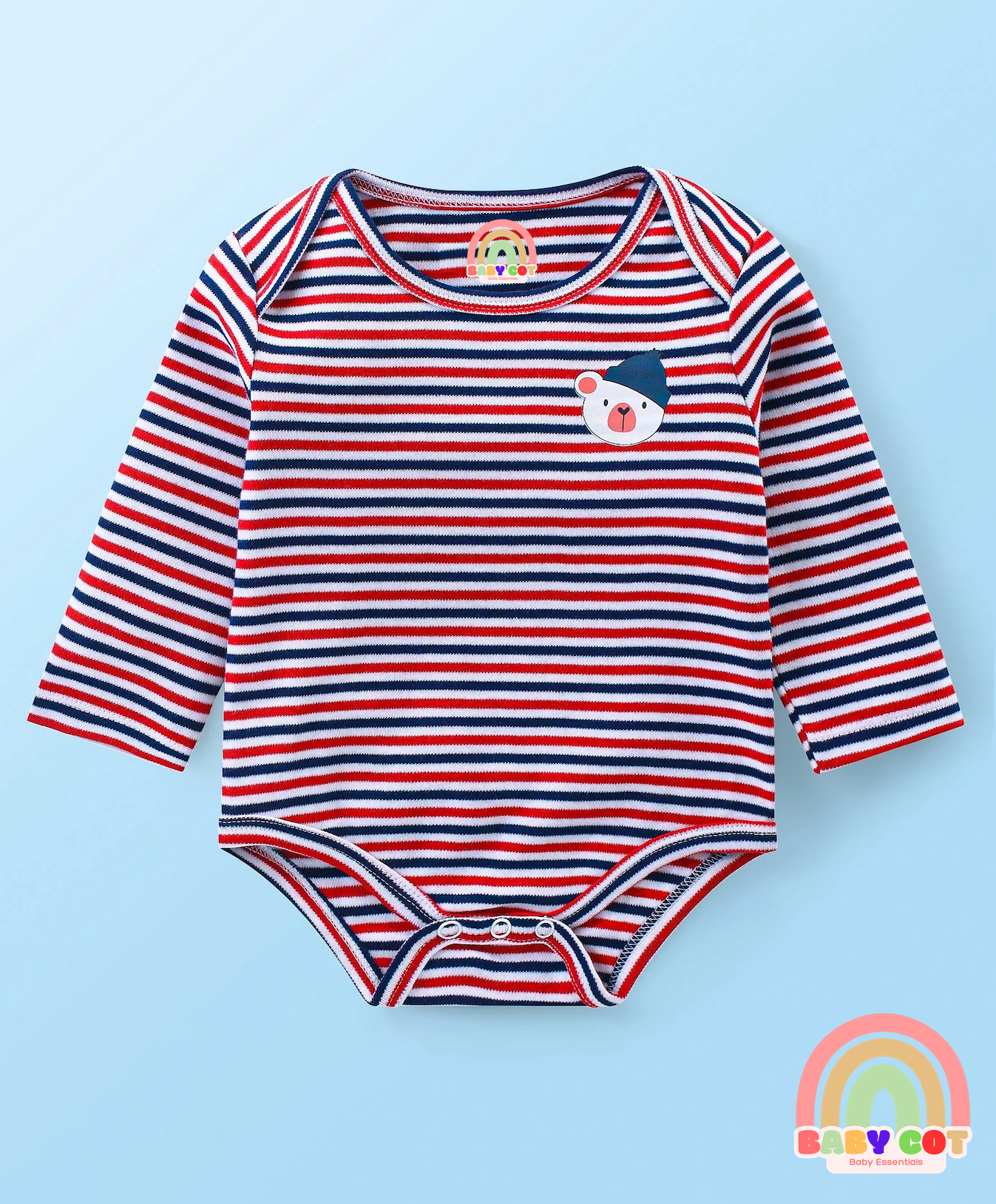 100% Cotton Interlock Knit Full Sleeves Onesies With Stripes & Penguin Print Pack of 3 -Multicolour