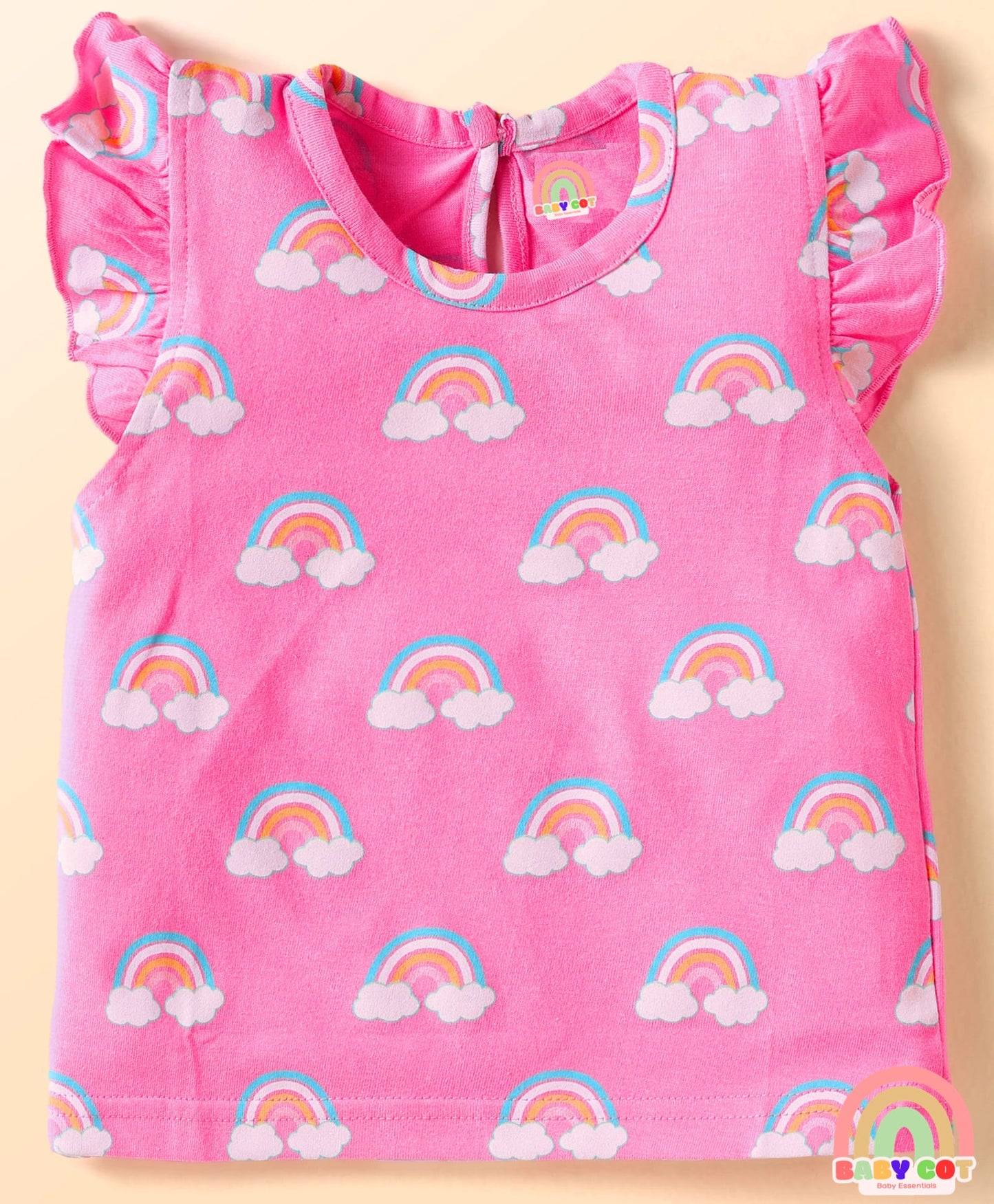 Cotton Knit Frill Sleeves T-Shirts With Polka Dot & Tropical Print Pack 3 - Pink & Light Blue