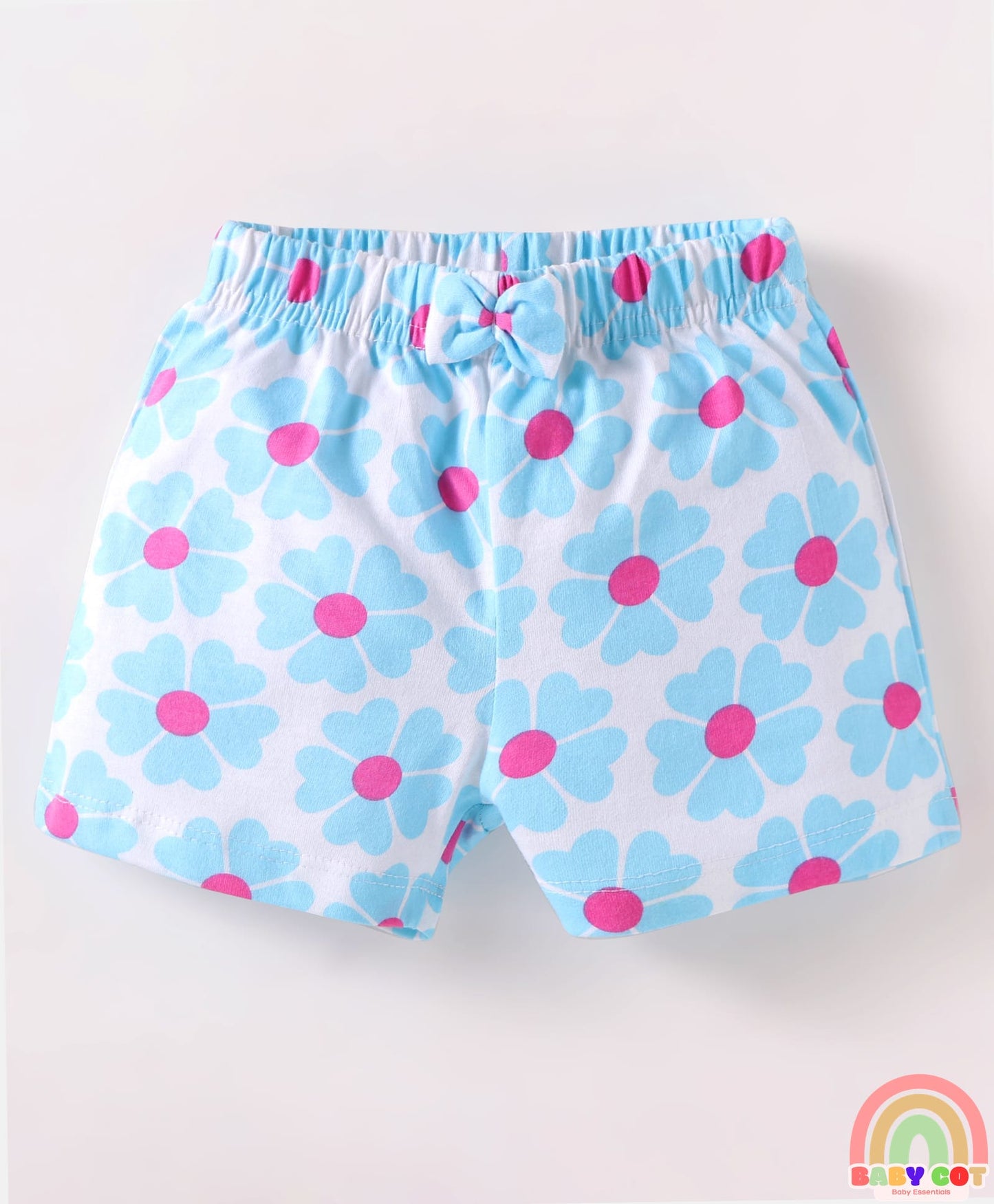 Cotton Knit Mid Thigh Shorts with Floral & Heart Print with Bow Applique Pack of 3 - Pink & Light Blue
