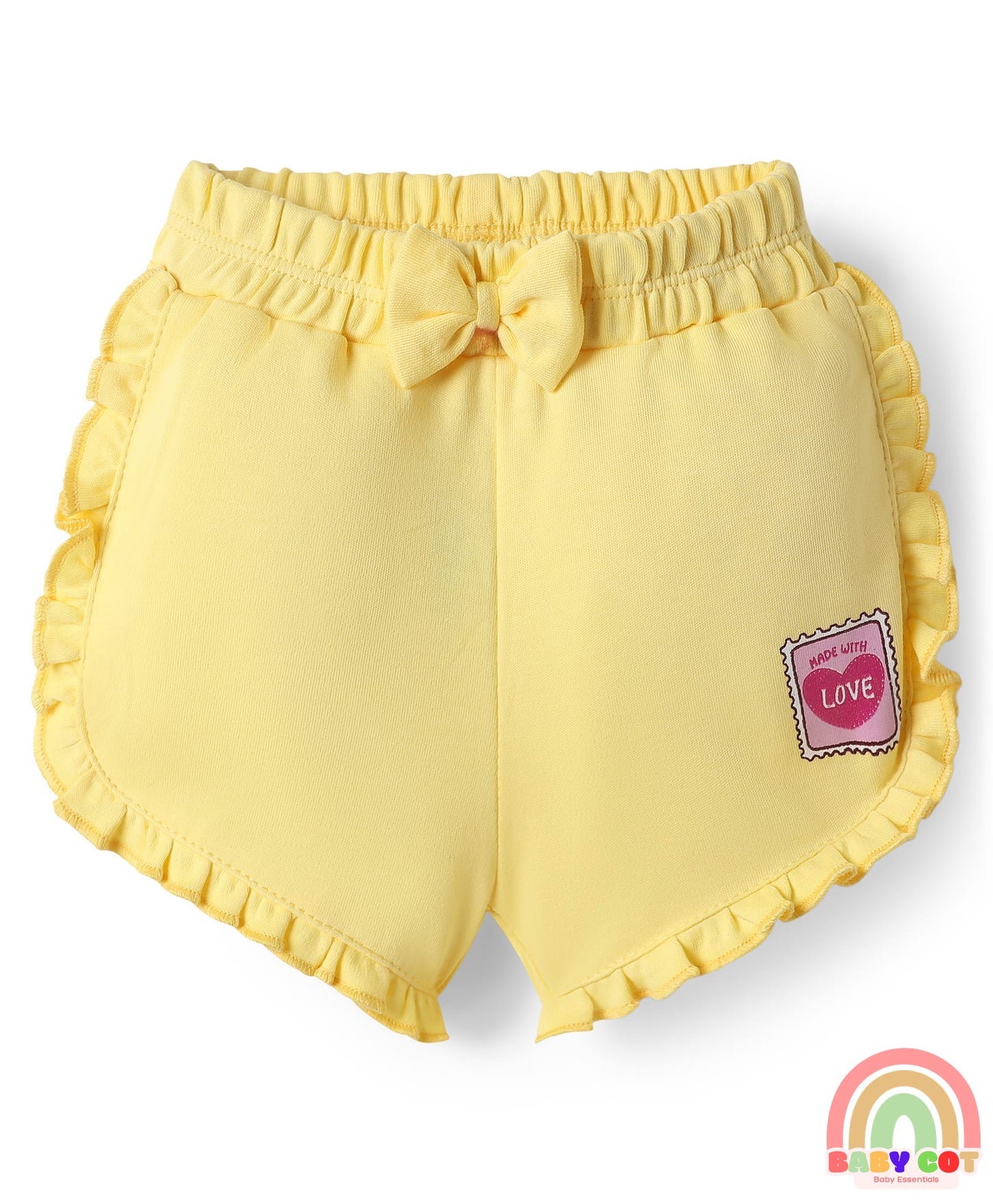 100% Cotton Interlock Knit Shorts with Eco Jiva Finish Floral Print & Bow Applique Pack of 3 - Dark Pink Yellow & Lavender