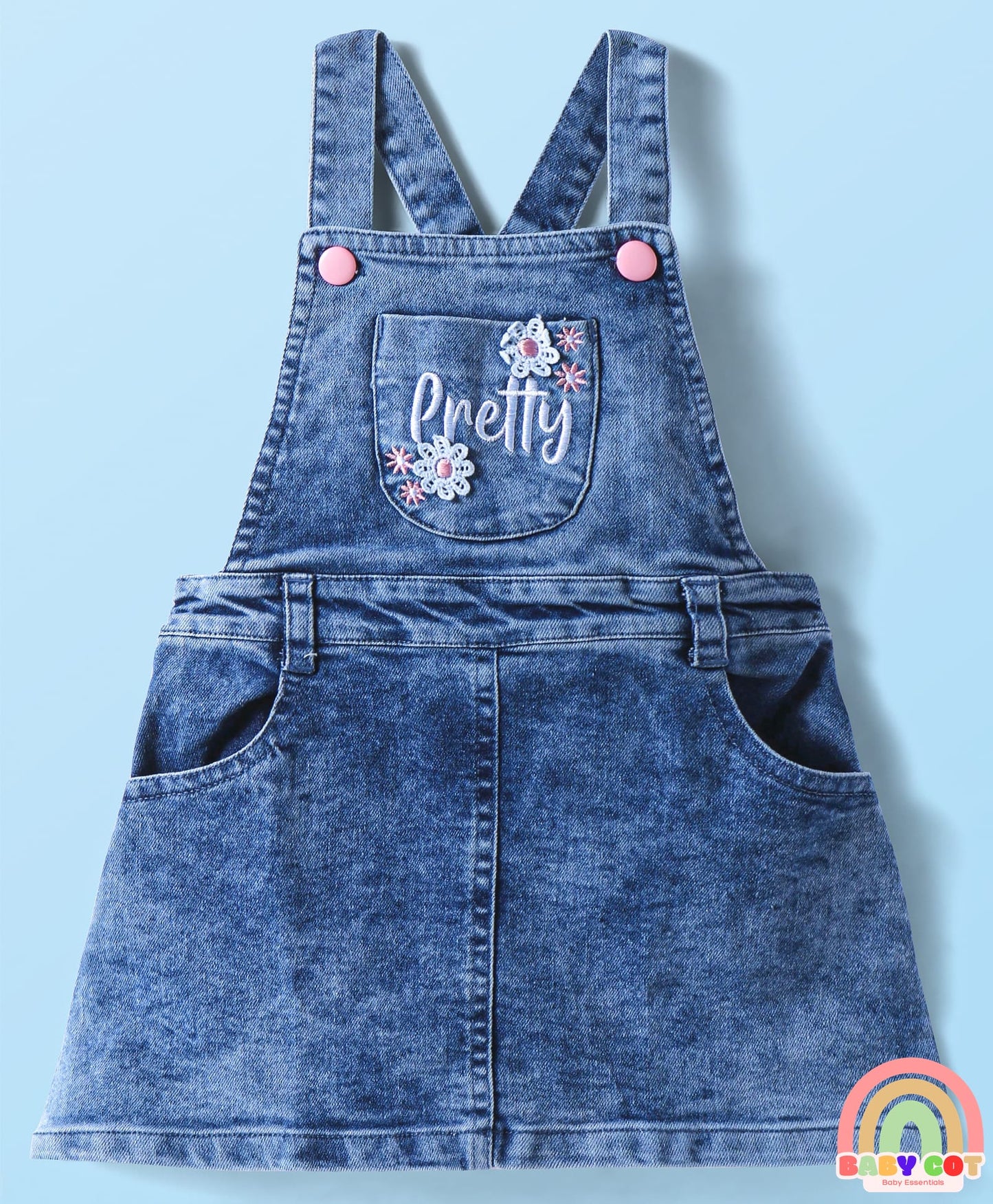 Woven Denim Frock & Full Sleeves Inner Tee With Floral Print - Navy Blue & Pink