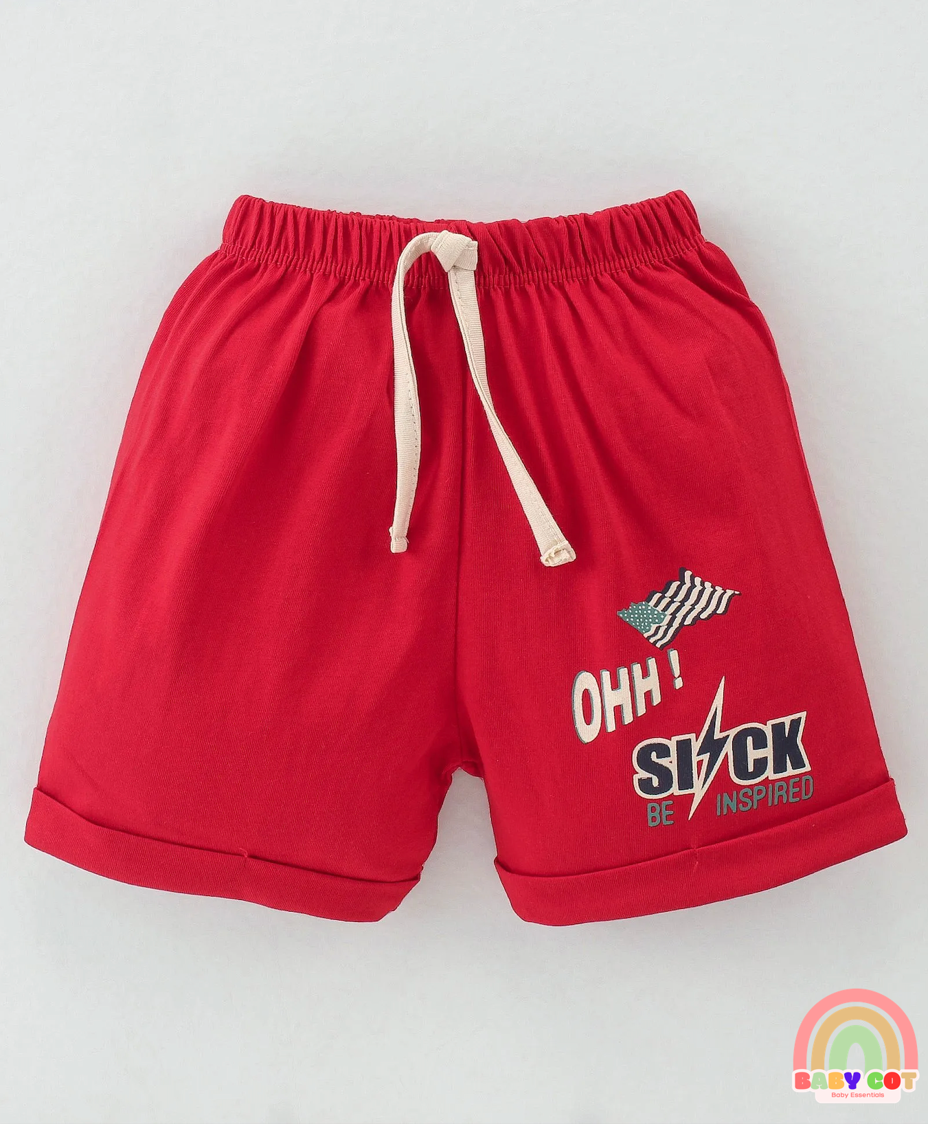 100% Cotton Knit Half Sleeves T-Shirt & Shorts With Text Print - Red & Beige