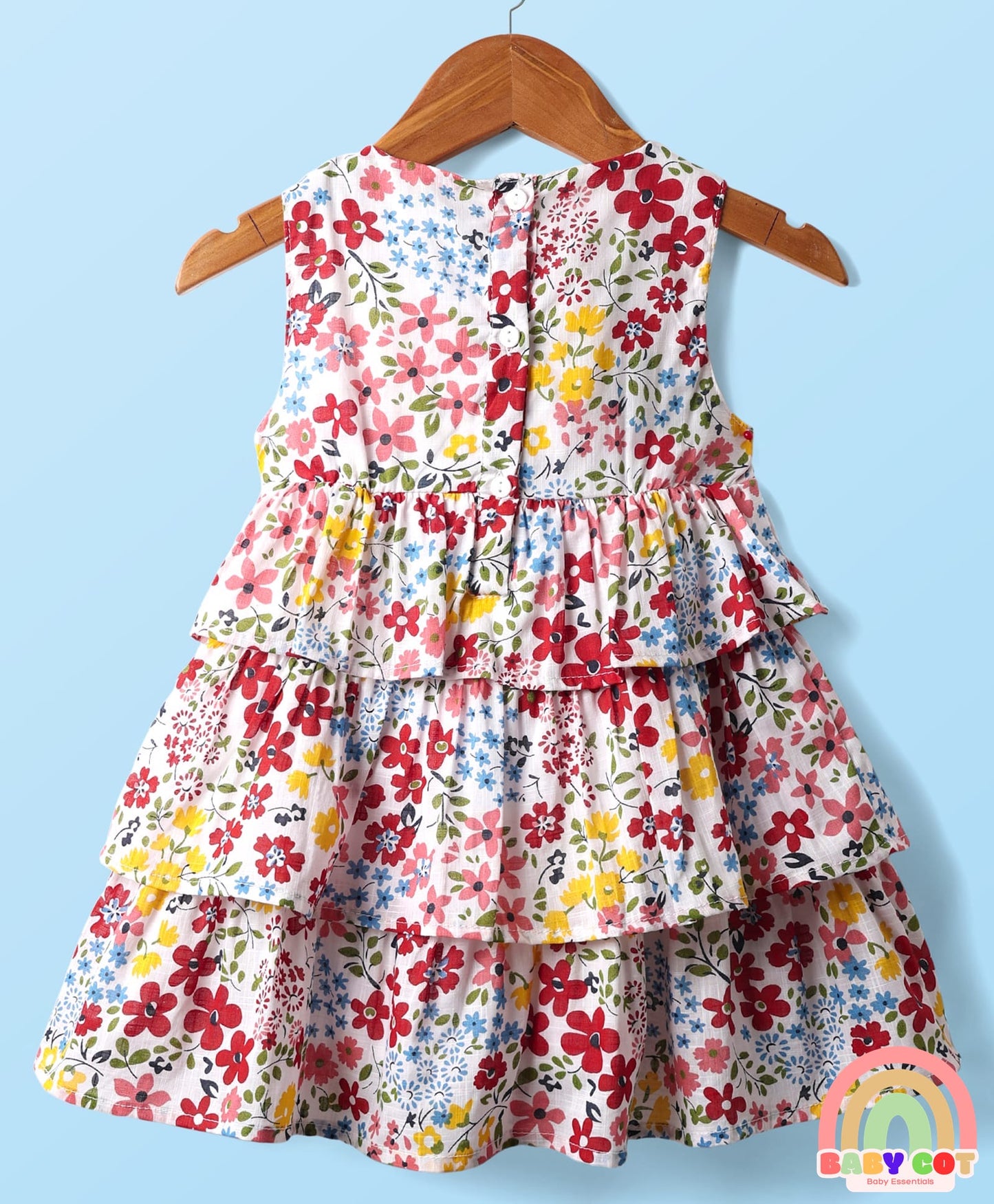 Cotton Knit Half Sleeves Shrug With Floral Printed Layered Frock with Bow Applique - Red