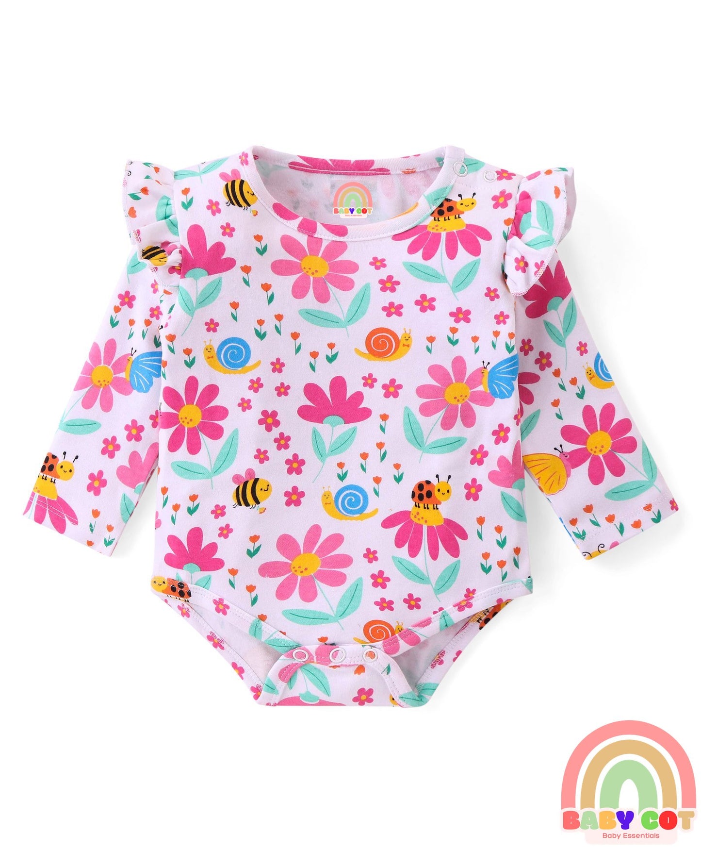 100% Cotton Knit Full Sleeves Onesies with Polka Dots Floral Print & Frill Detailing Pack of 3 - Yellow Pink & White