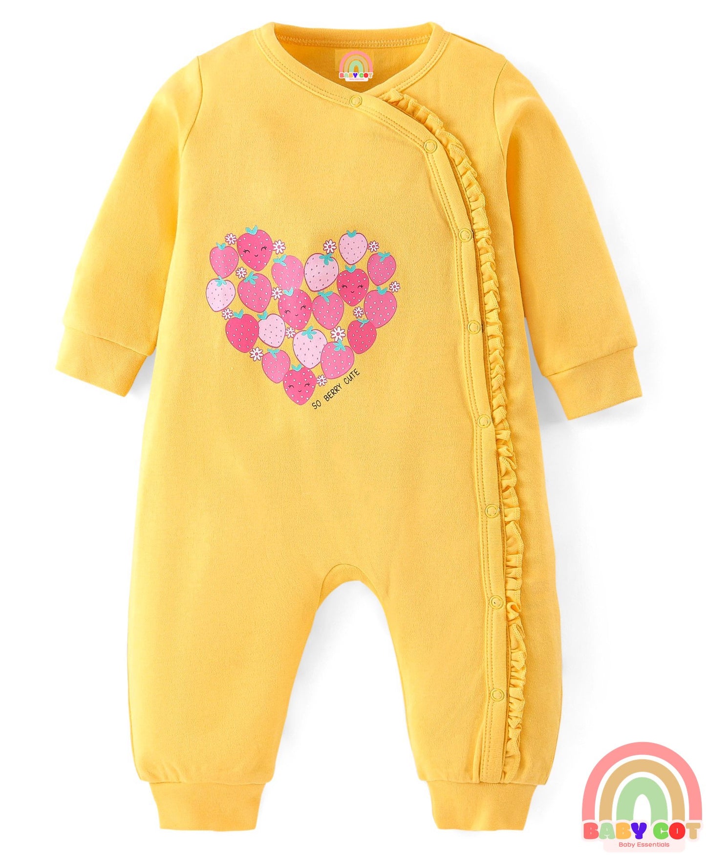 100% Interlock Cotton Knit Full Sleeves Rompers With Strawberries & Floral Print Pack of 2 - Yellow & Blue