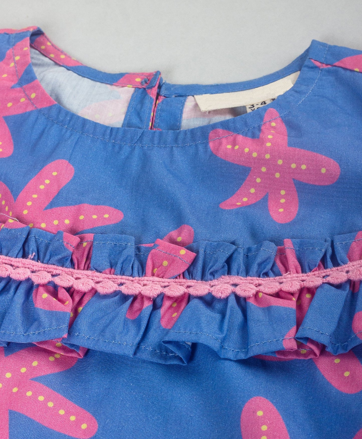 Woven Cotton Three Fourth Sleeves Starfish Printed Lace Embellished Top - Blue