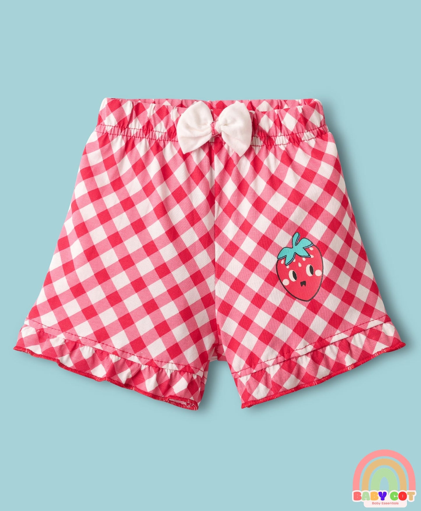 Knee Length Shorts With Checks Strawberry Print & Bow Applique Pack Of 3 - Pink White & Peach