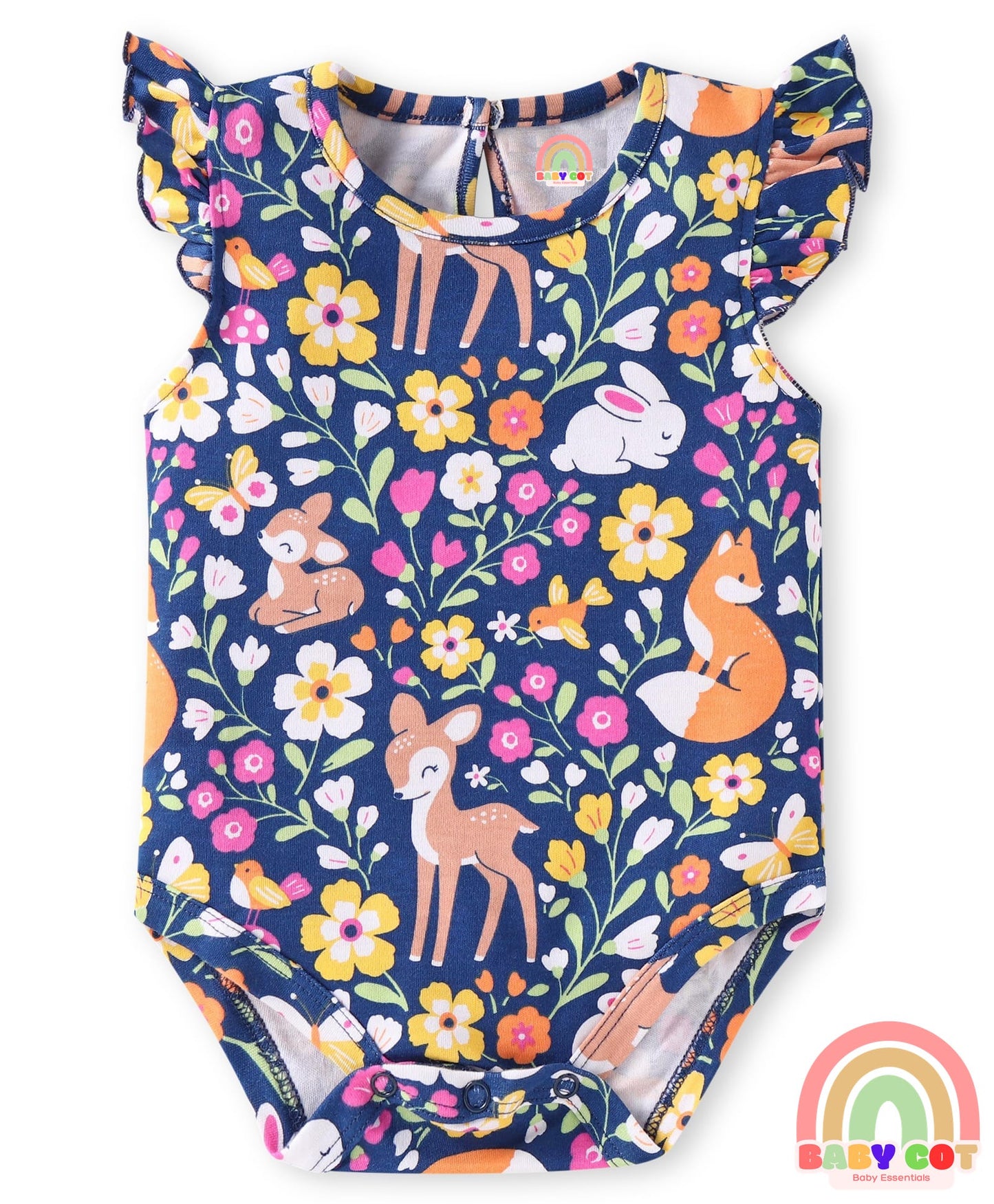 100% Cotton Knit Frill Sleeves Floral & Animal Printed Onesies Pack of 3 - Dark Pink Navy & Orange