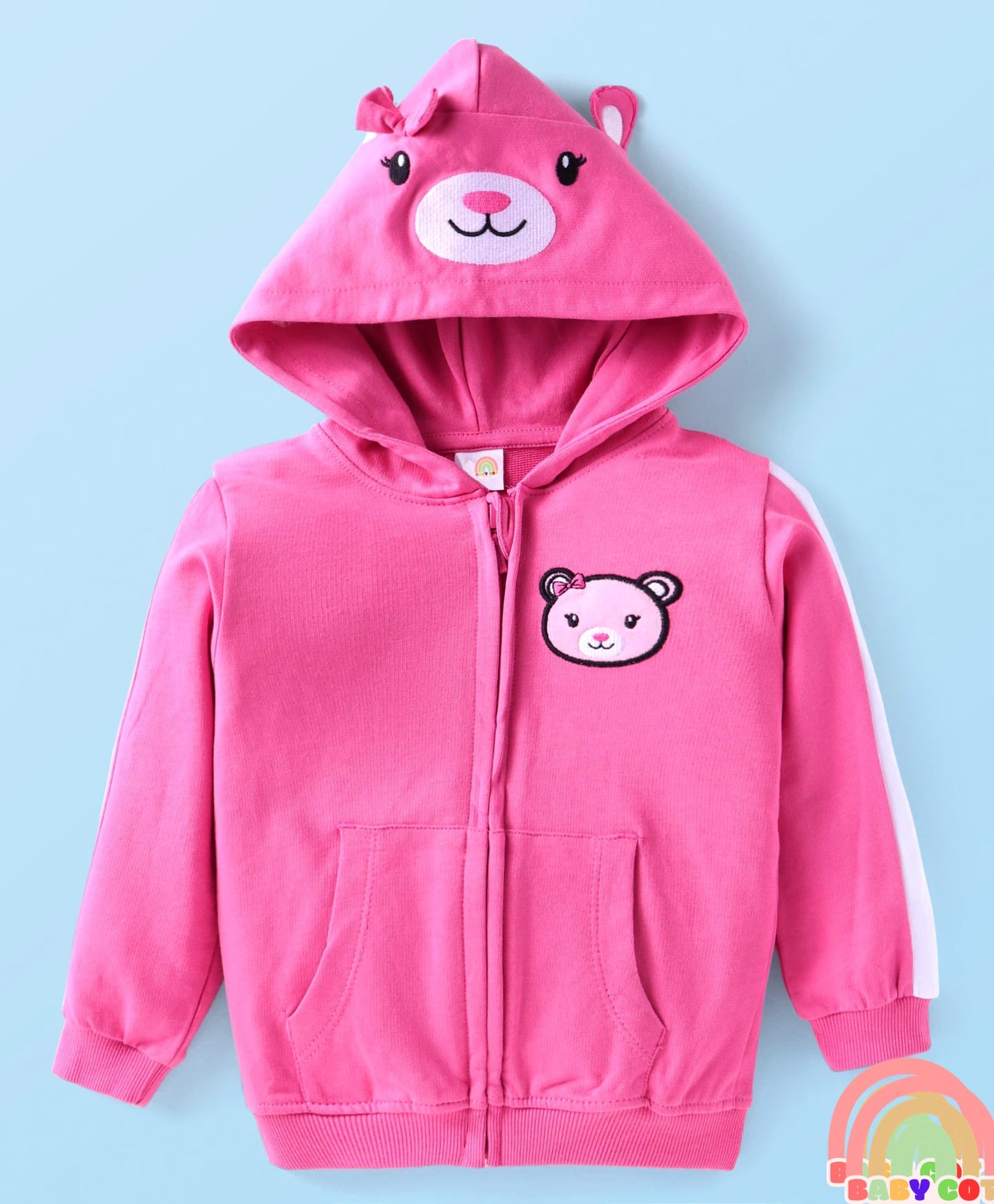 Terry Knit Full Sleeves Hooded Sweatjacket & Lounge Pant Set With T-Shirt & Animal Patch - Dark Pink & White