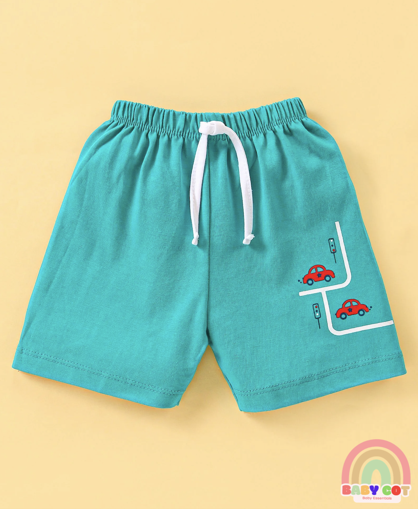 100% Cotton Knit Half Sleeves T-Shirt & Shorts Set with Car Print - Green