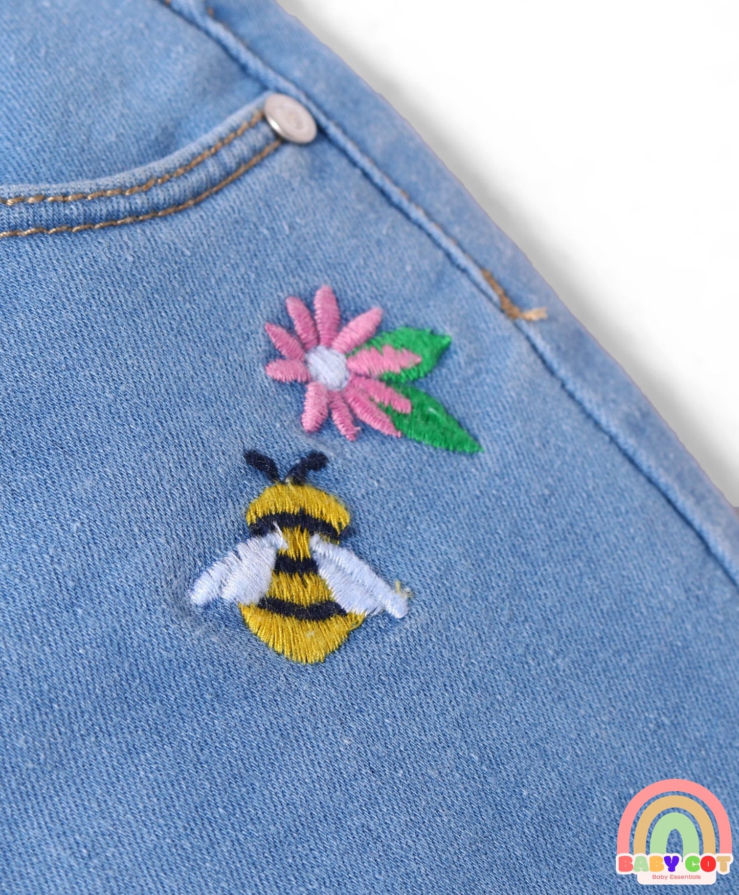 Full Length Washed Denim Jeans With Floral & Honey Bee Embroidery & Stretch - Blue