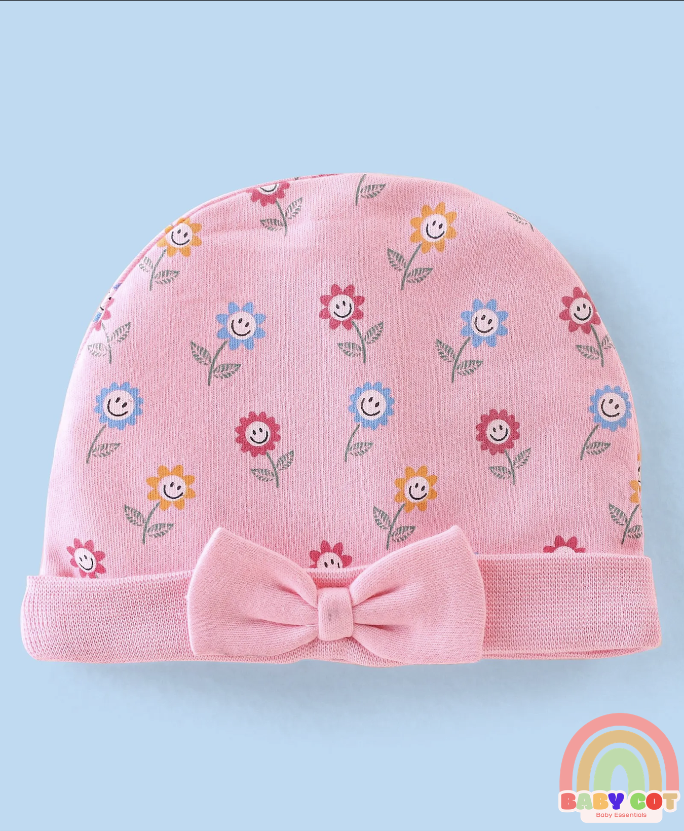 100% Cotton Knit Cap Mittens & Booties Set with Floral Print - Pink