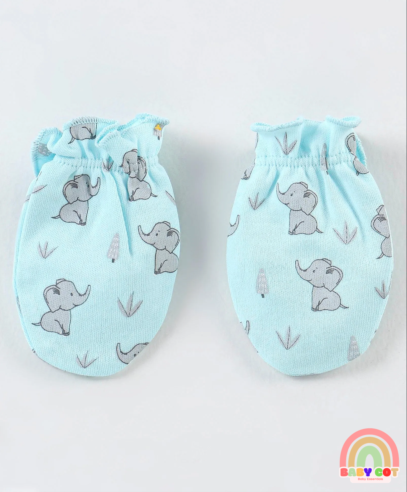 100% Cotton Cap Mittens And Booties Elephant Print - Blue