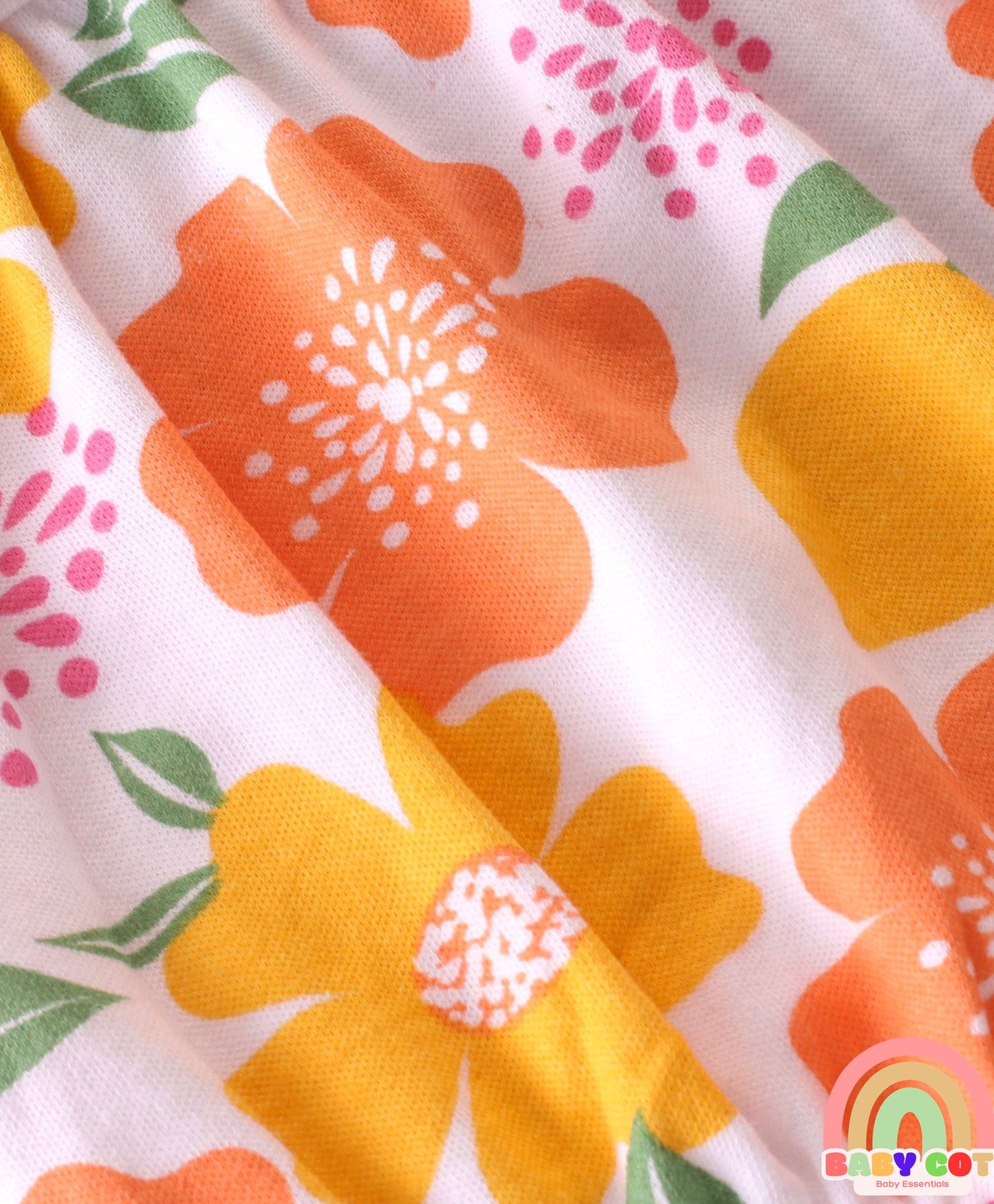 100% Cotton Knit Frill Sleeves Floral Printed Onesie with Cap - Multicolour