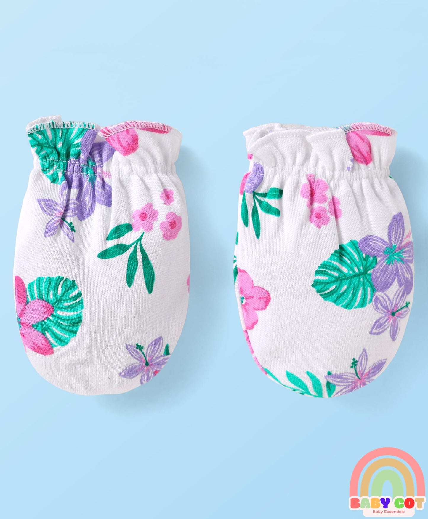 100% Cotton Knit Half Sleeves Floral Printed Onesie with Hairband & Mittens Booties - White