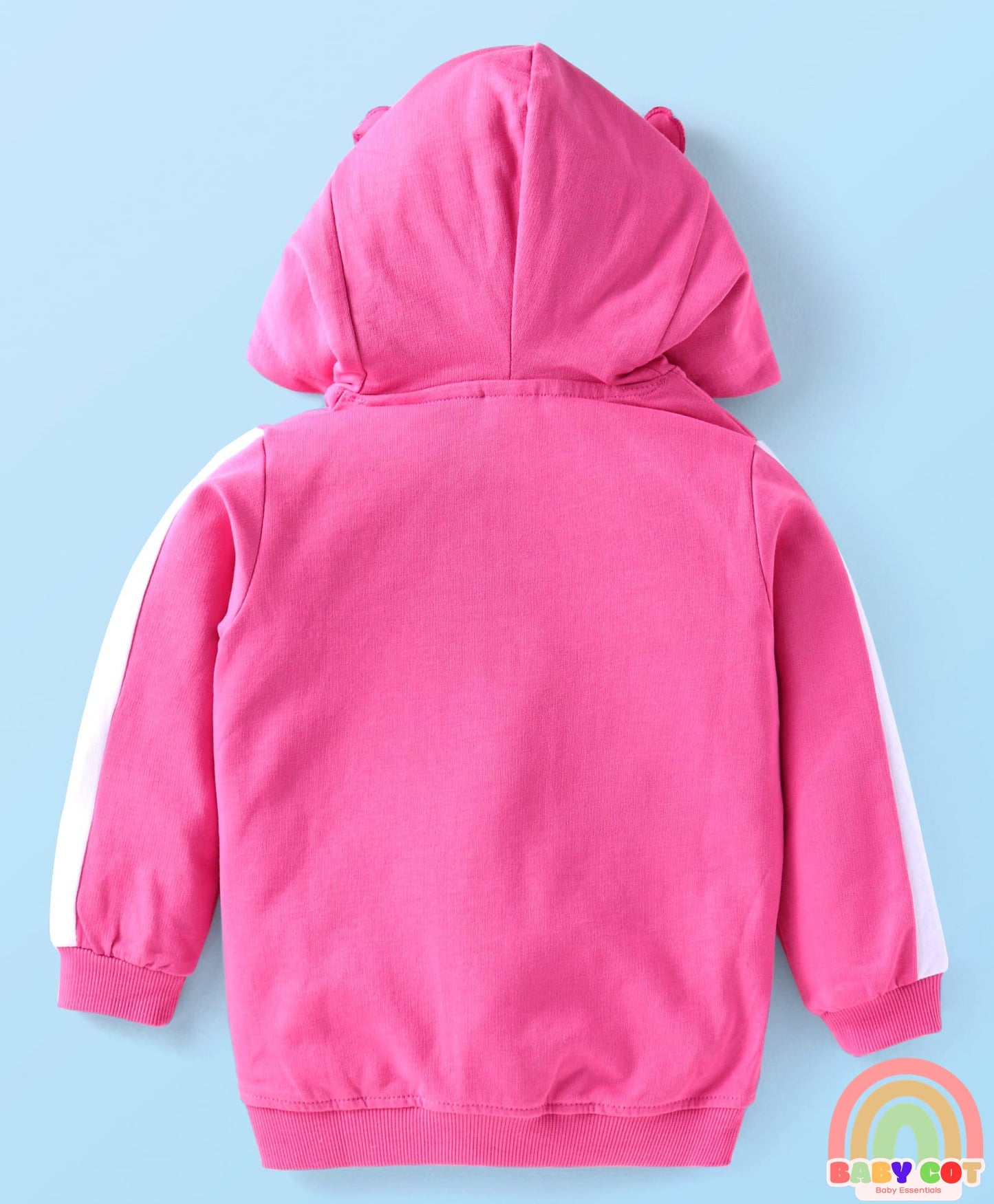 Terry Knit Full Sleeves Hooded Sweatjacket & Lounge Pant Set With T-Shirt & Animal Patch - Dark Pink & White