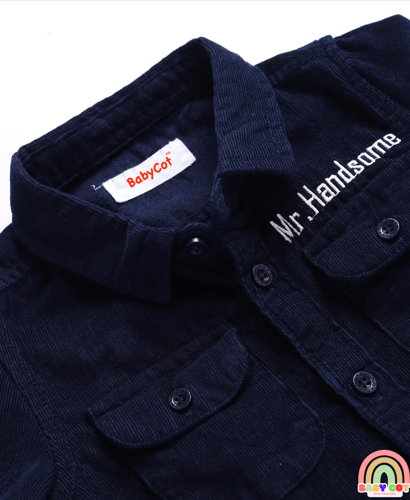 Cotton Woven Full Sleeves Solid Corduroy Shirt with Text Embroidered - Navy Blue