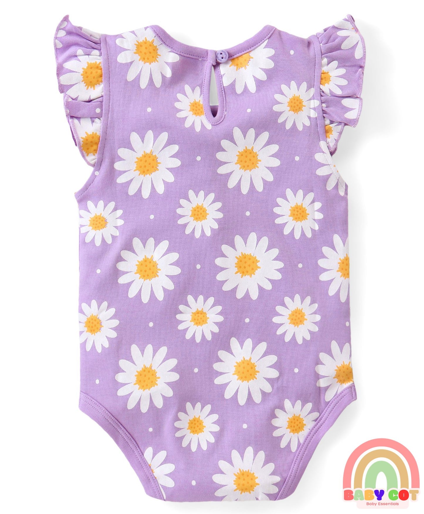 100% Cotton Knit Frill Sleeves Onesies with Floral & Polka Dots Print Pack of 3 - Pink Yellow & Purple