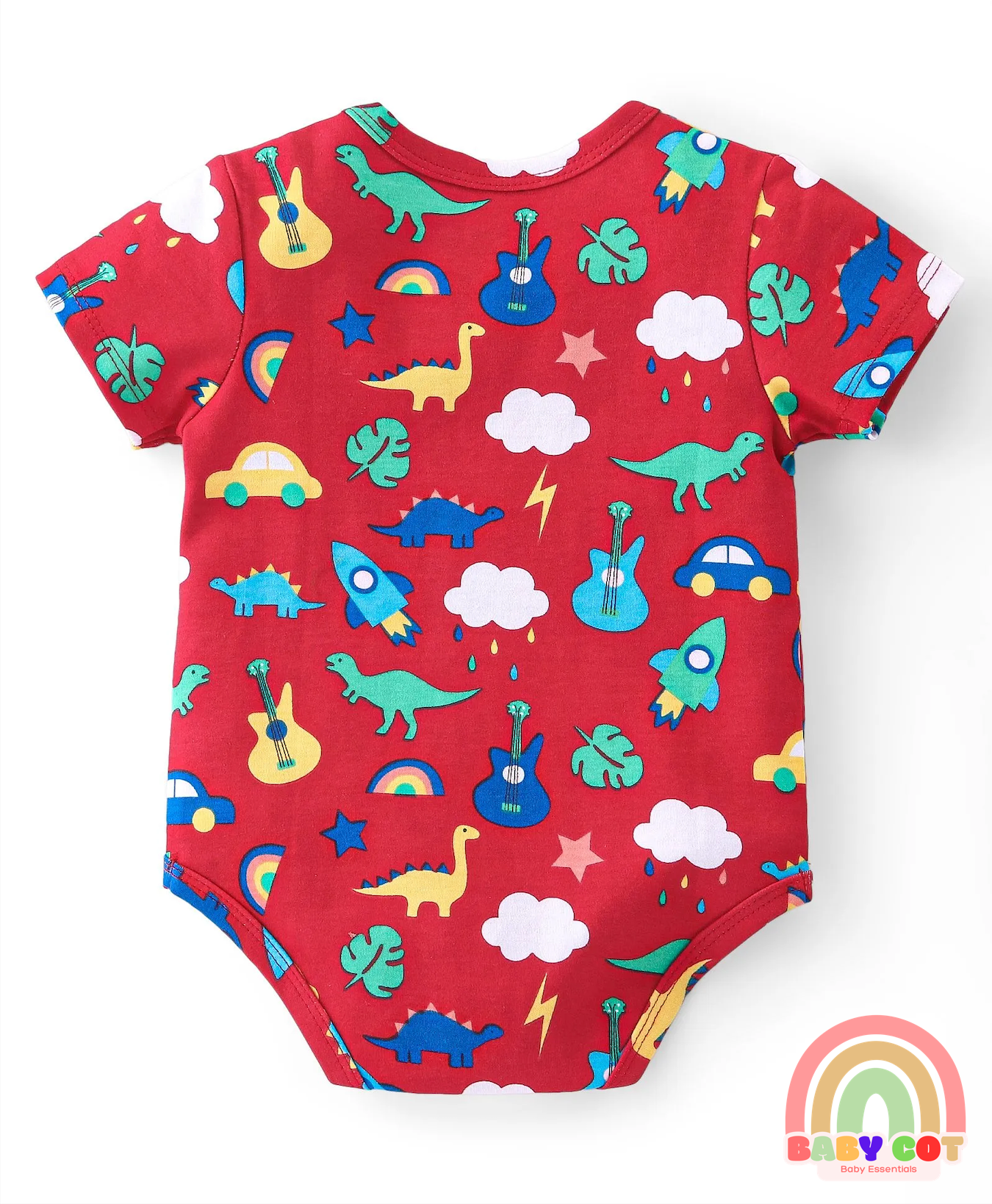 100% Cotton Knit Half Sleeves Onesies with Star & Dino Print Pack of 3 - Blue Yellow & Red
