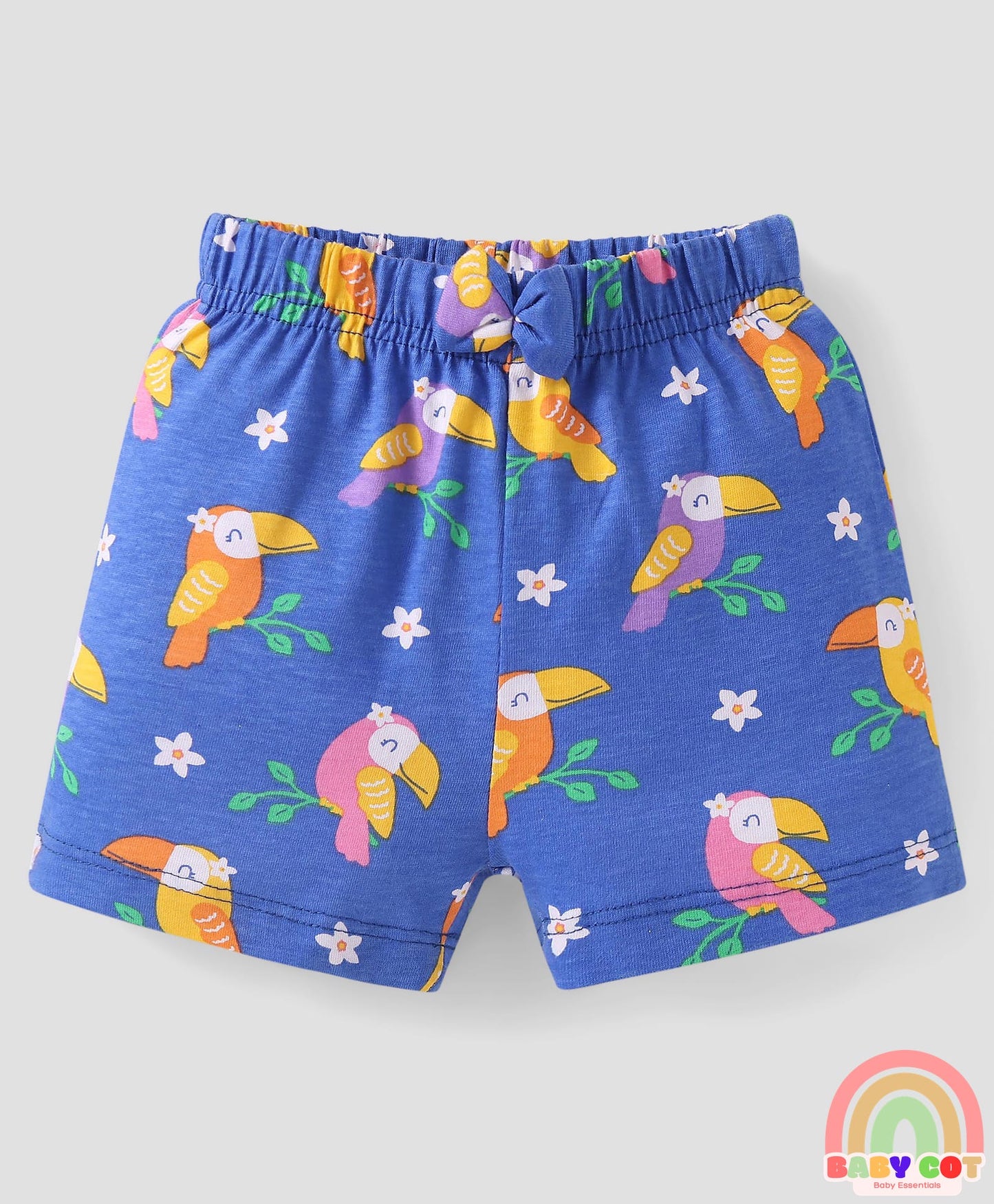 Cotton Knit Mid Thigh Shorts With Polka Dots & Birds Print with Bow Applique Pack of 3 - Blue Pink & Orange