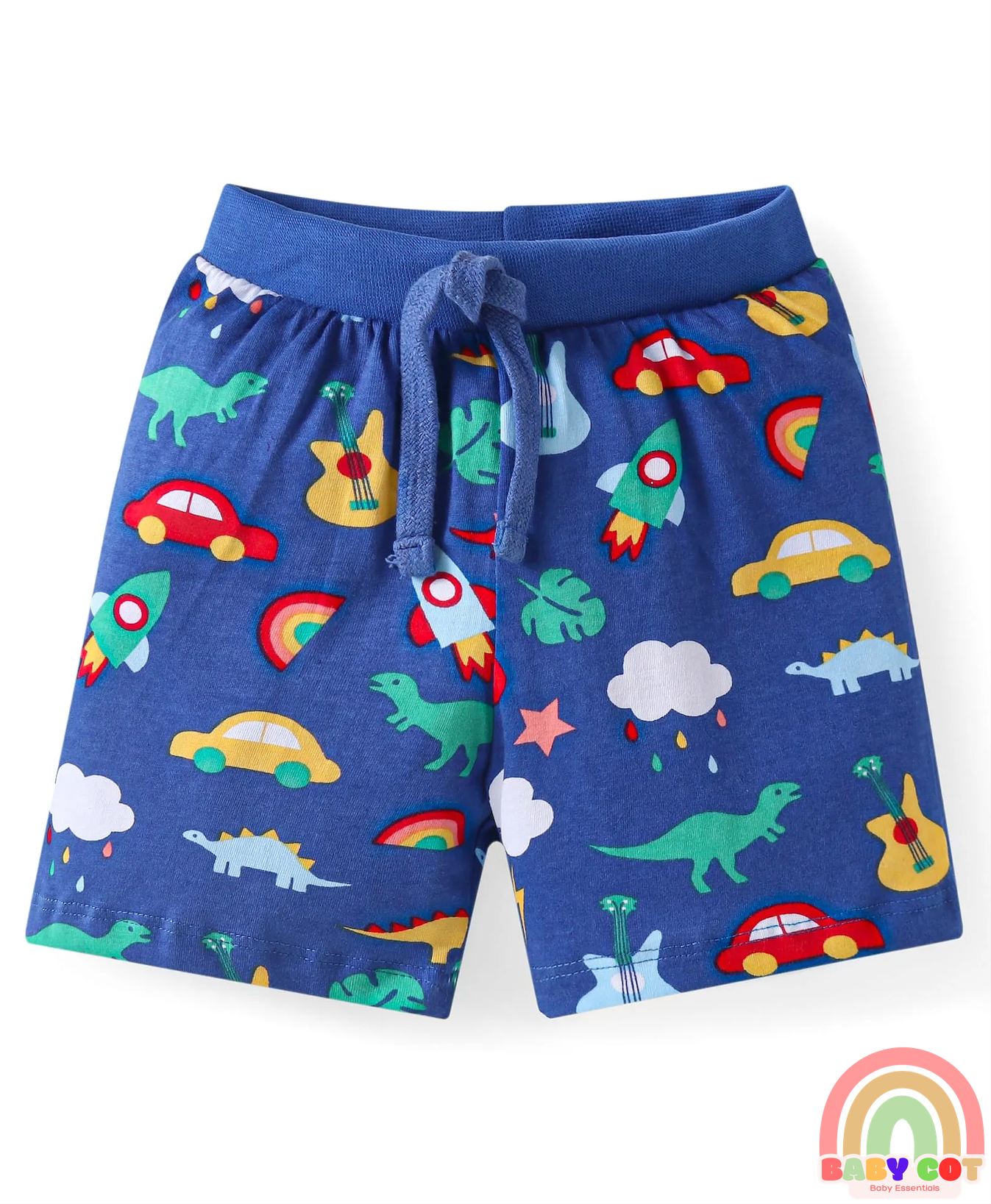 Cotton Knit Shorts with Stars Print & Stripes Pack of 3 - Yellow Red & Navy Blue