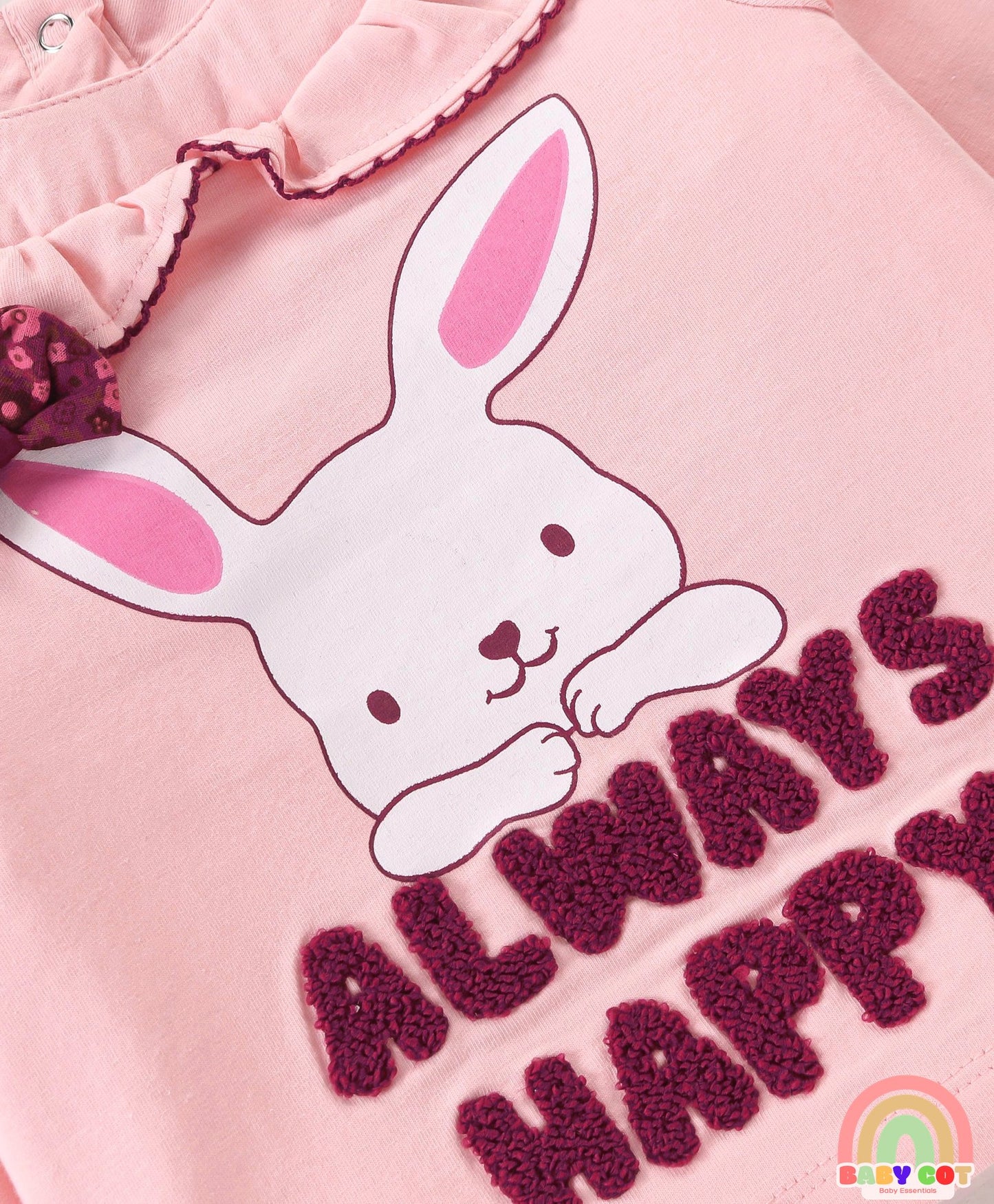 Twill Knit Full Sleeves T-Shirt & Lounge Pants Set With Bunny Print & Text Embroidery - Light Pink & Maroon