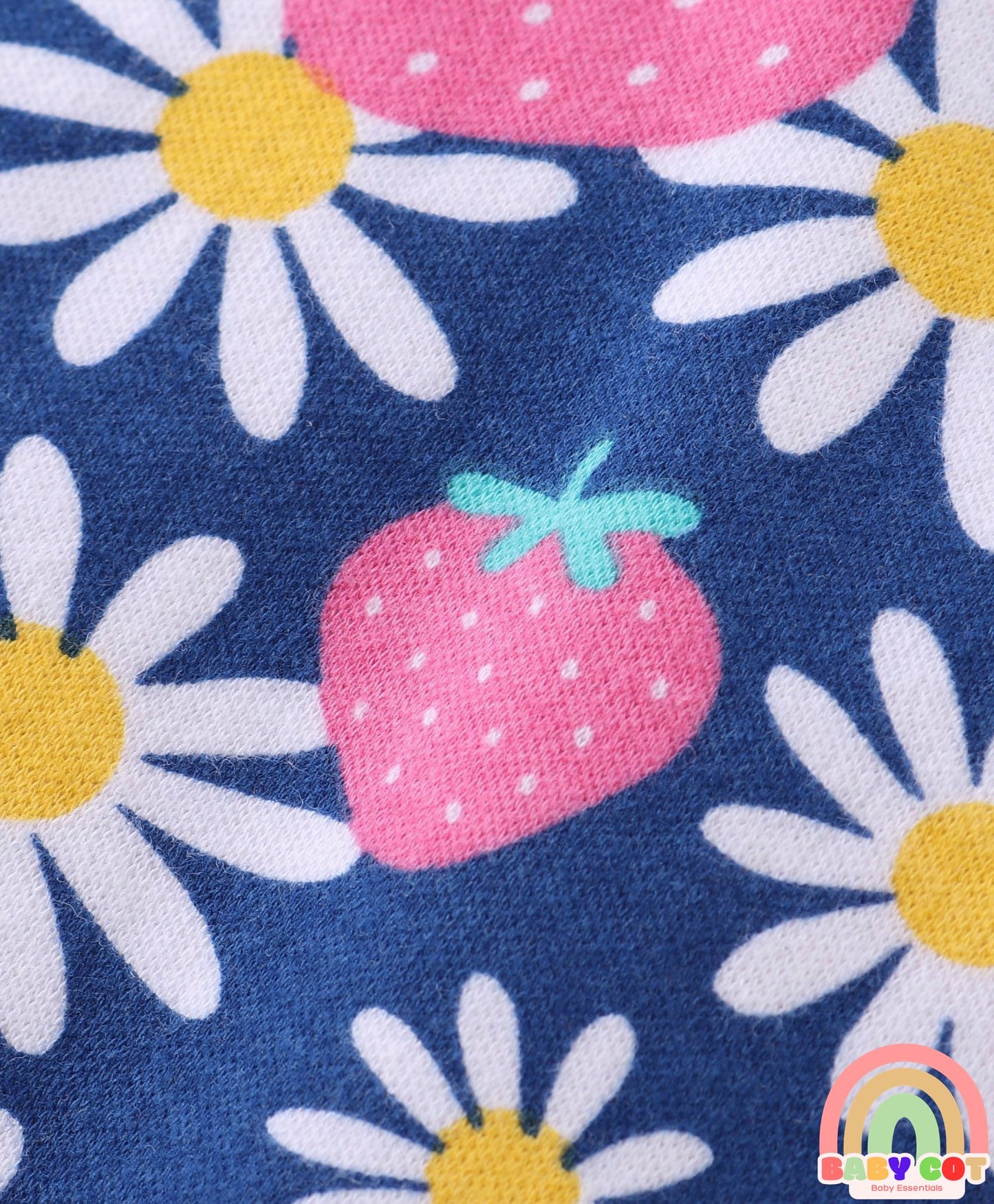 100% Interlock Cotton Knit Full Sleeves Rompers With Strawberries & Floral Print Pack of 2 - Yellow & Blue