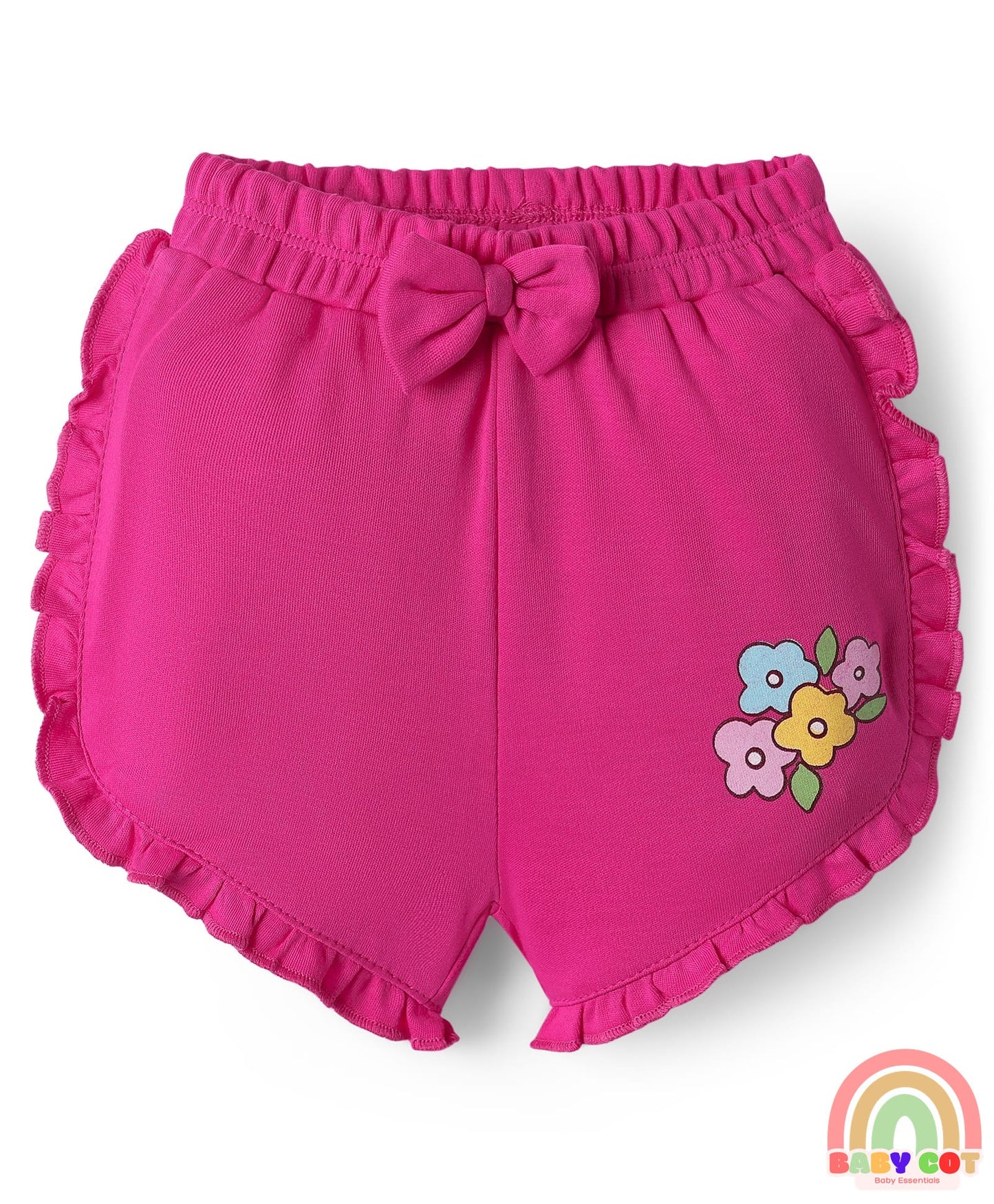 100% Cotton Interlock Knit Shorts with Eco Jiva Finish Floral Print & Bow Applique Pack of 3 - Dark Pink Yellow & Lavender