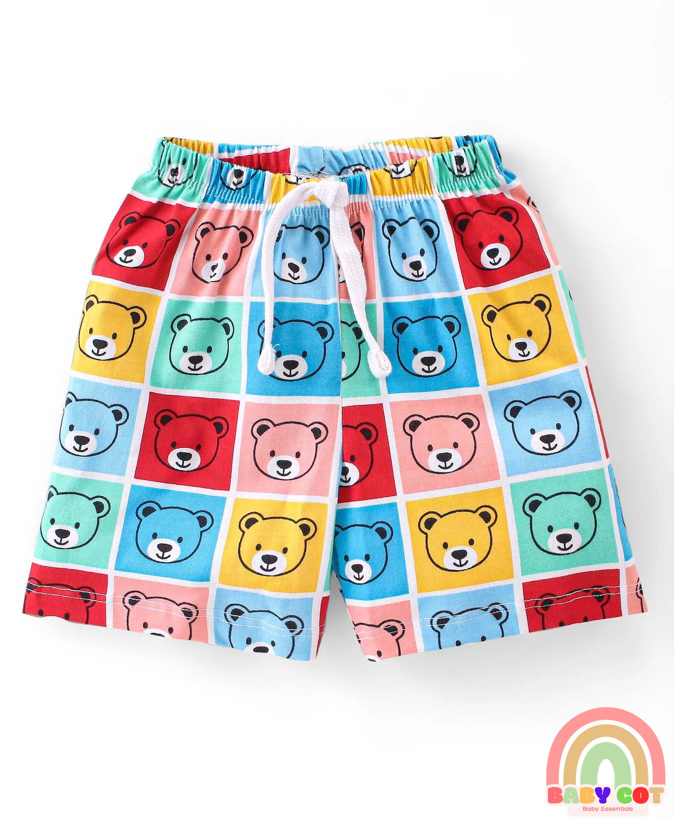 Cotton Knit Single Jersey Shorts With Stars & Teddy Bear Print Pack Of 3 - Yellow Blue & Red