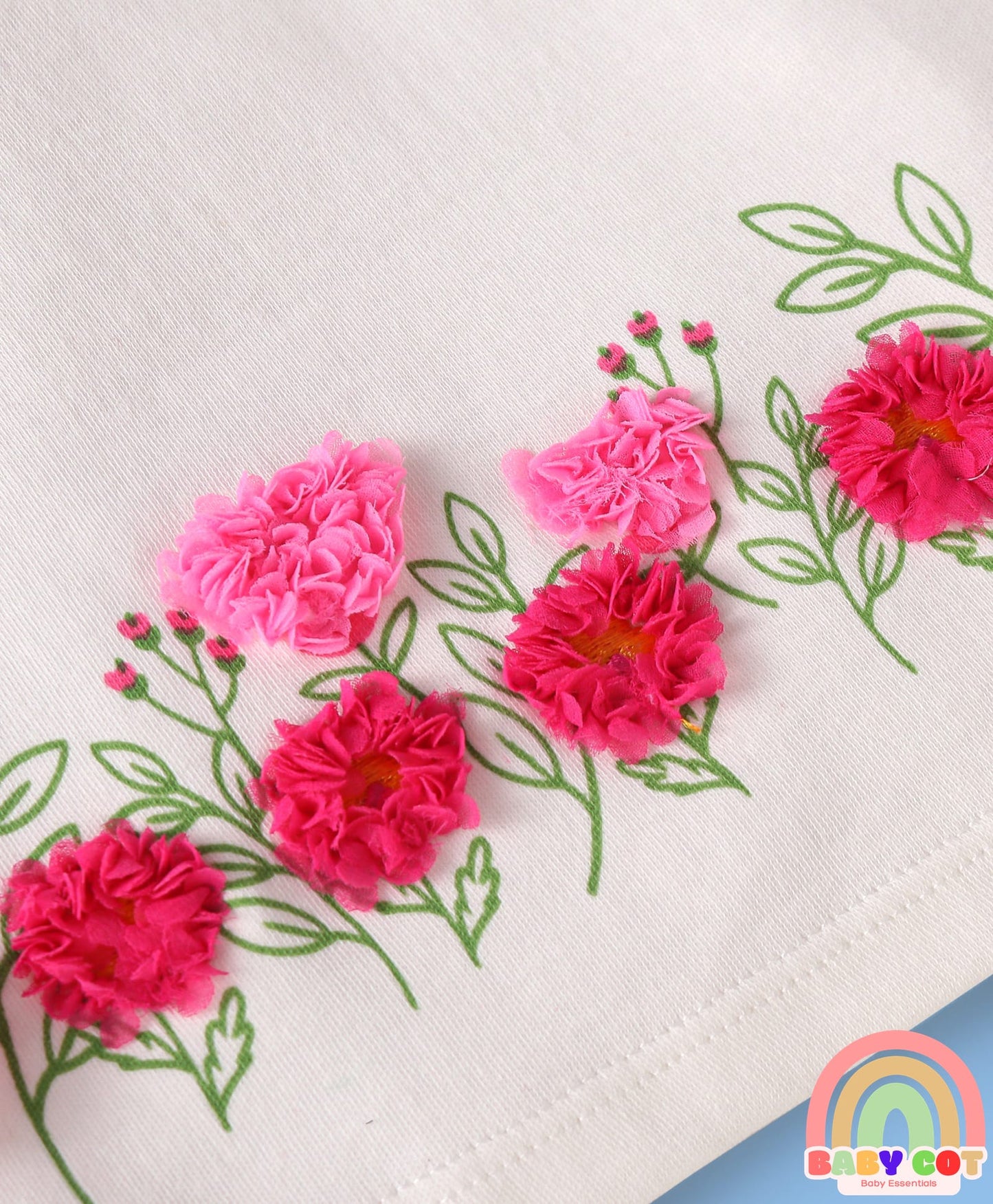 100% Cotton Solid Dyed Full Sleeves Top & Legging Set with Floral Applique & Frill Detailing- White & Pink