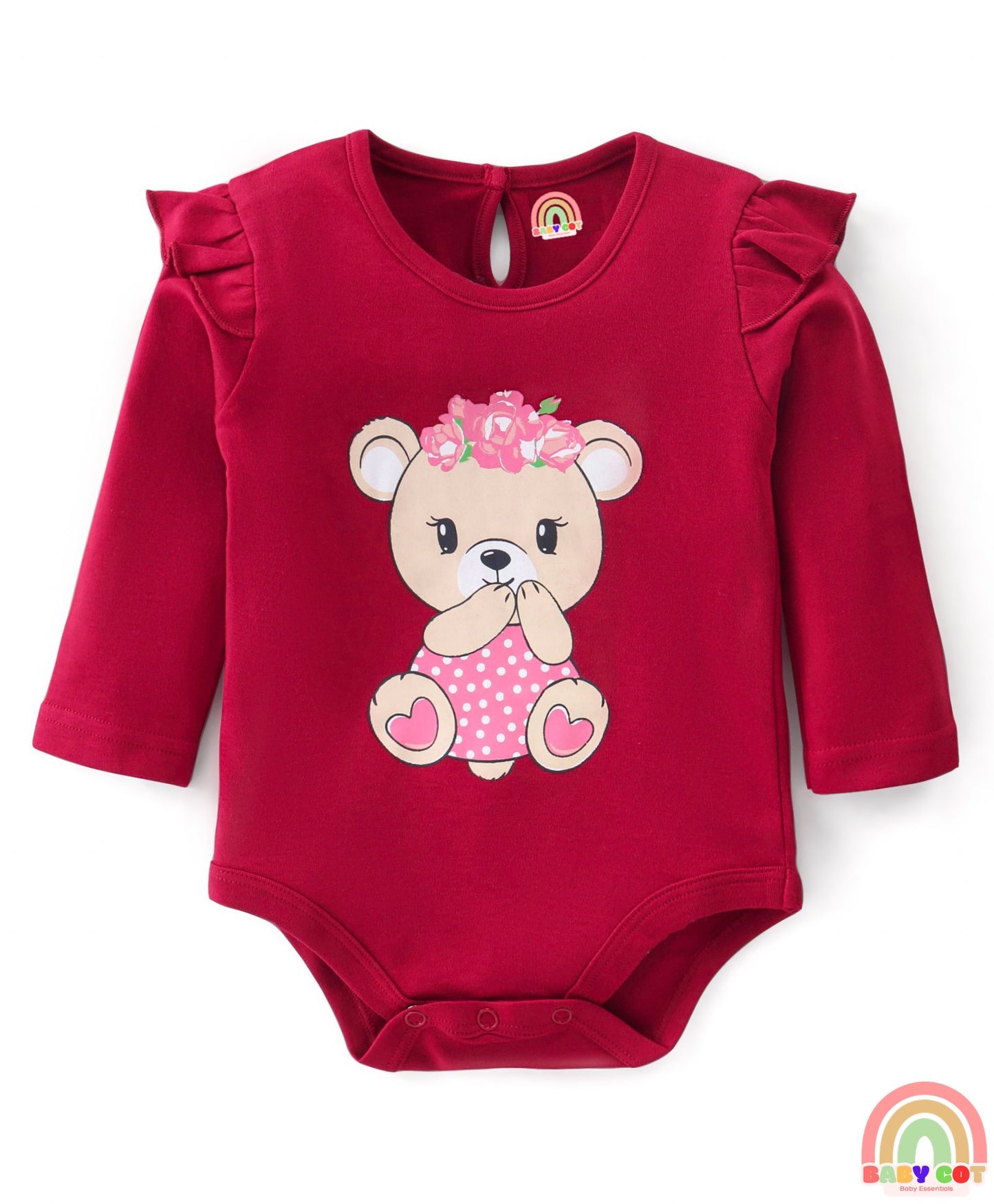 100% Cotton Interlock Full Sleeves Onesies with Frill Detailing Floral & Polka Dots Print Pack of 3 - Multicolour