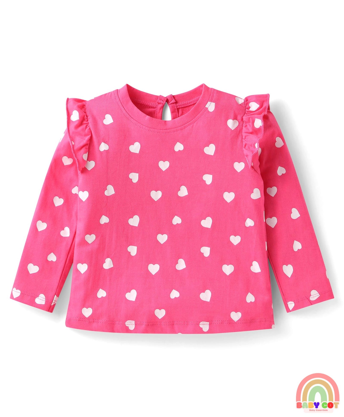 Cotton Knit Full Sleeves Hearts & Text Graphics T-Shirts with Frill Detailing Pack of 3 - Dark Pink