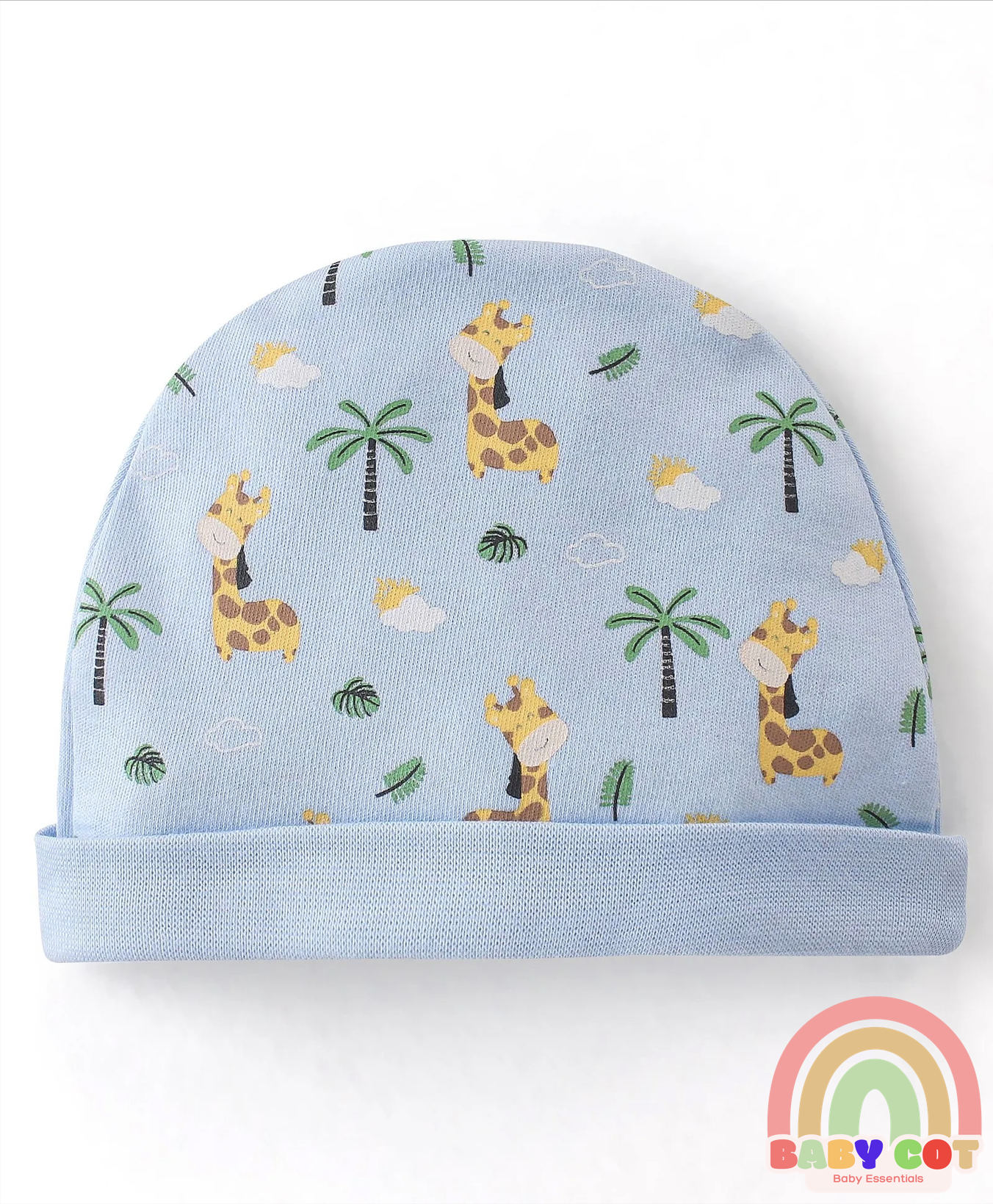 100% Cotton Cap Mittens & Booties Set Giraffe Print - Blue