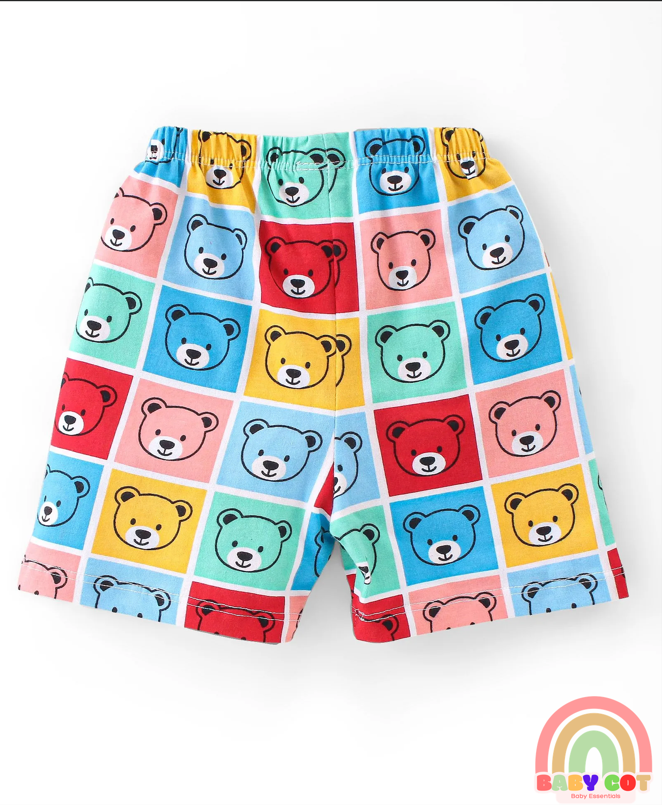 Cotton Knit Single Jersey Shorts With Stars & Teddy Bear Print Pack Of 3 - Yellow Blue & Red