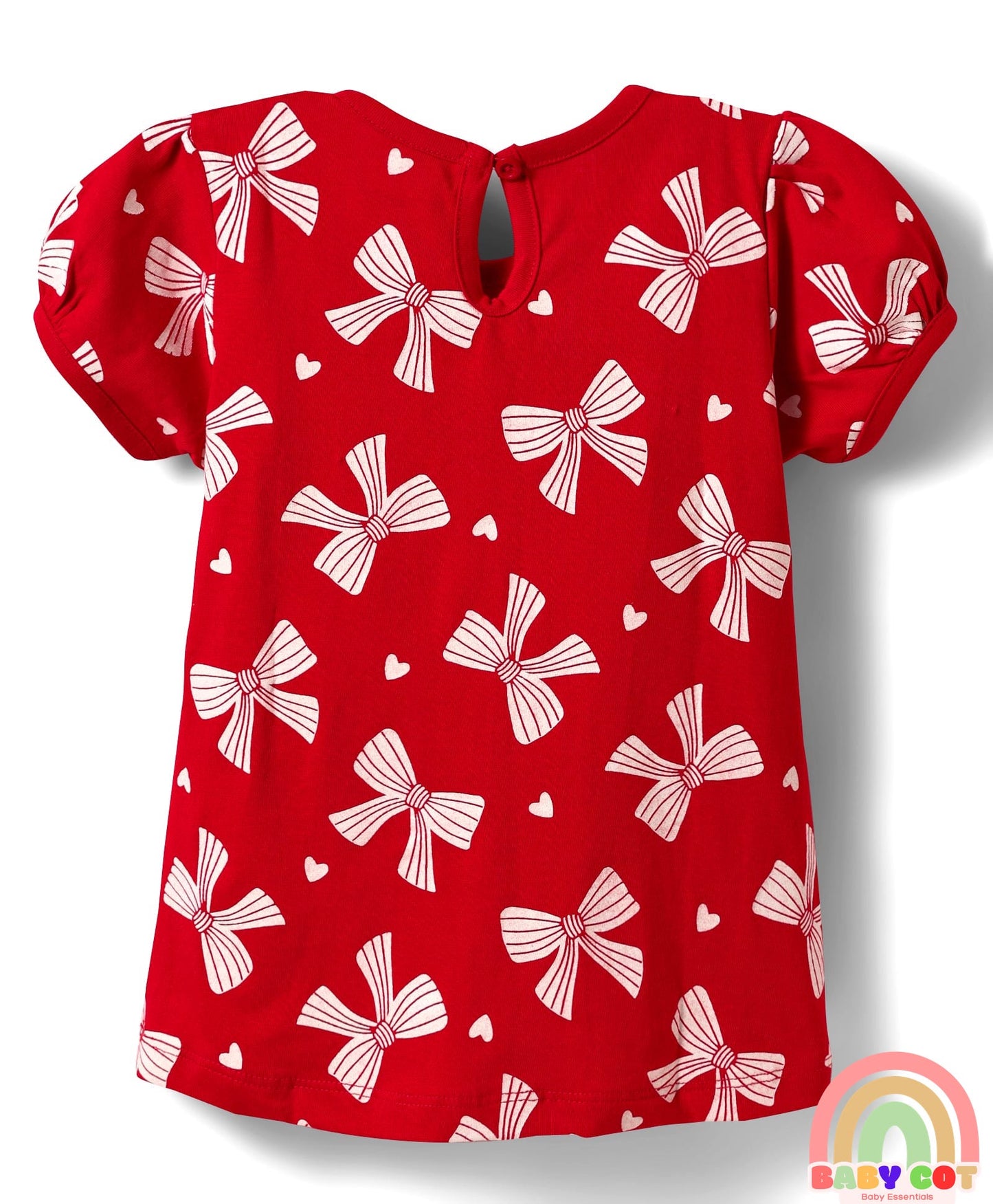 Cotton Knit Half Puffed Sleeves T-Shirts with Bow & Heart Print Pack of 3 - Red White & Navy Blue