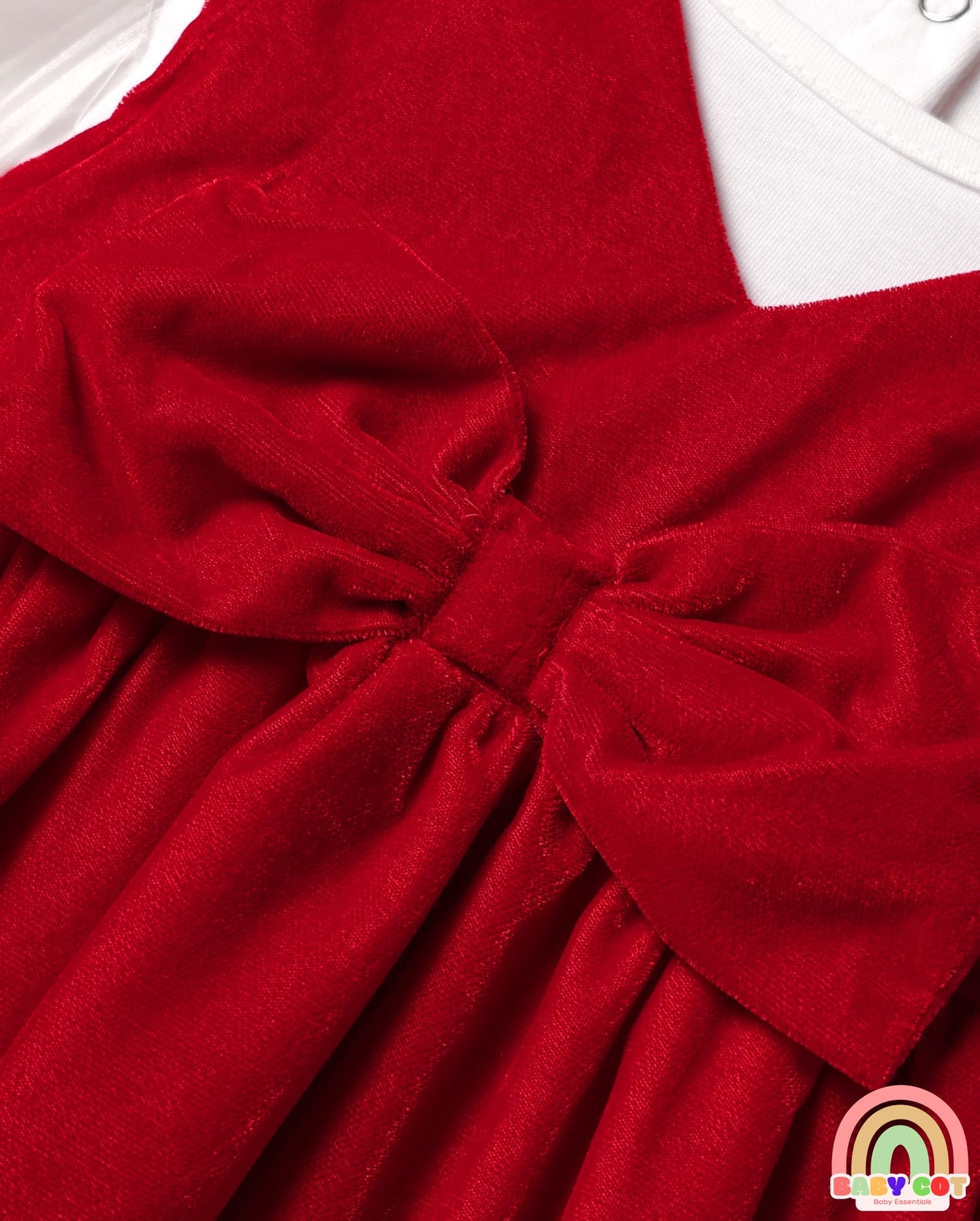 Cotton Knit Frock & Full Balloon Sleeves Inner Tee With Bow Applique - Red & White