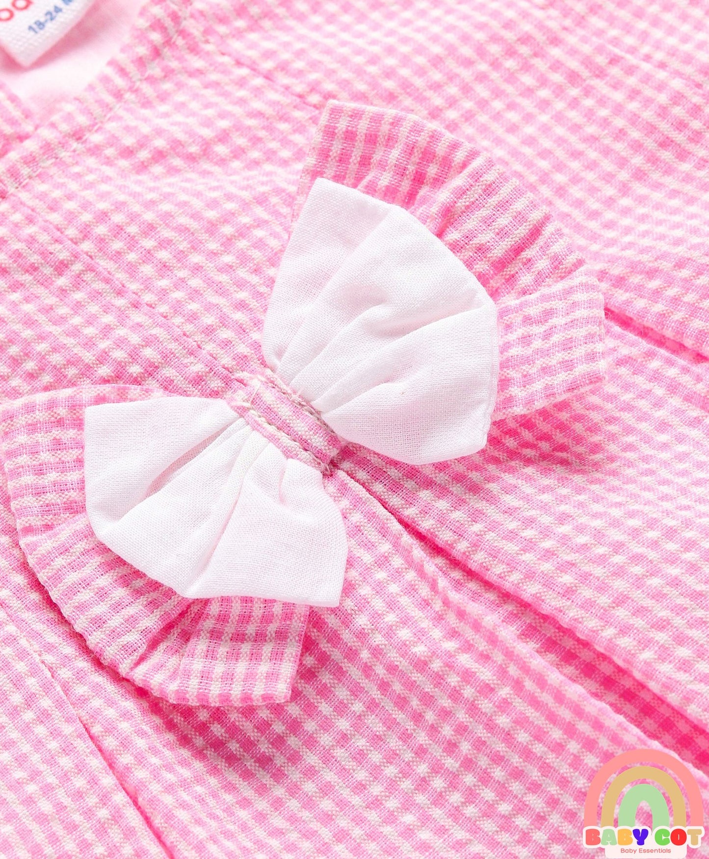 Cotton Woven Frill Sleeves Floral Embroidered & Lace Detailing Frock With Bloomer & Headband - Pink