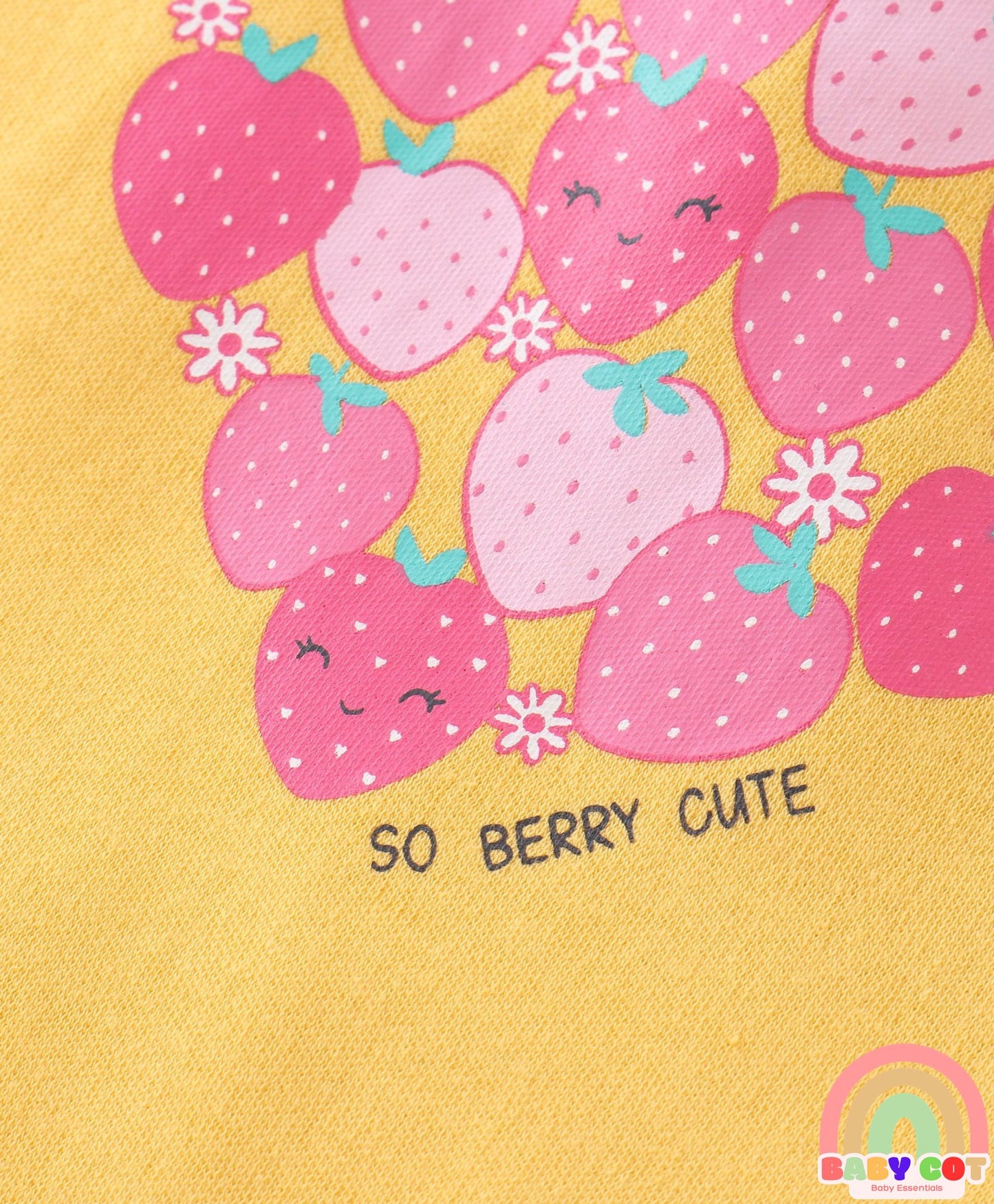 100% Interlock Cotton Knit Full Sleeves Rompers With Strawberries & Floral Print Pack of 2 - Yellow & Blue