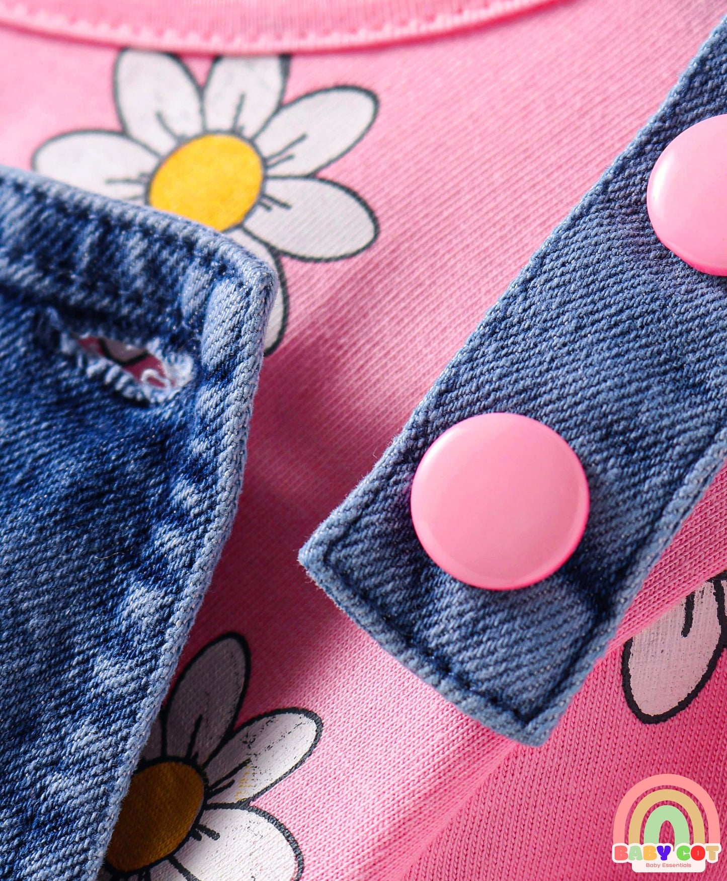 Woven Denim Frock & Full Sleeves Inner Tee With Floral Print - Navy Blue & Pink