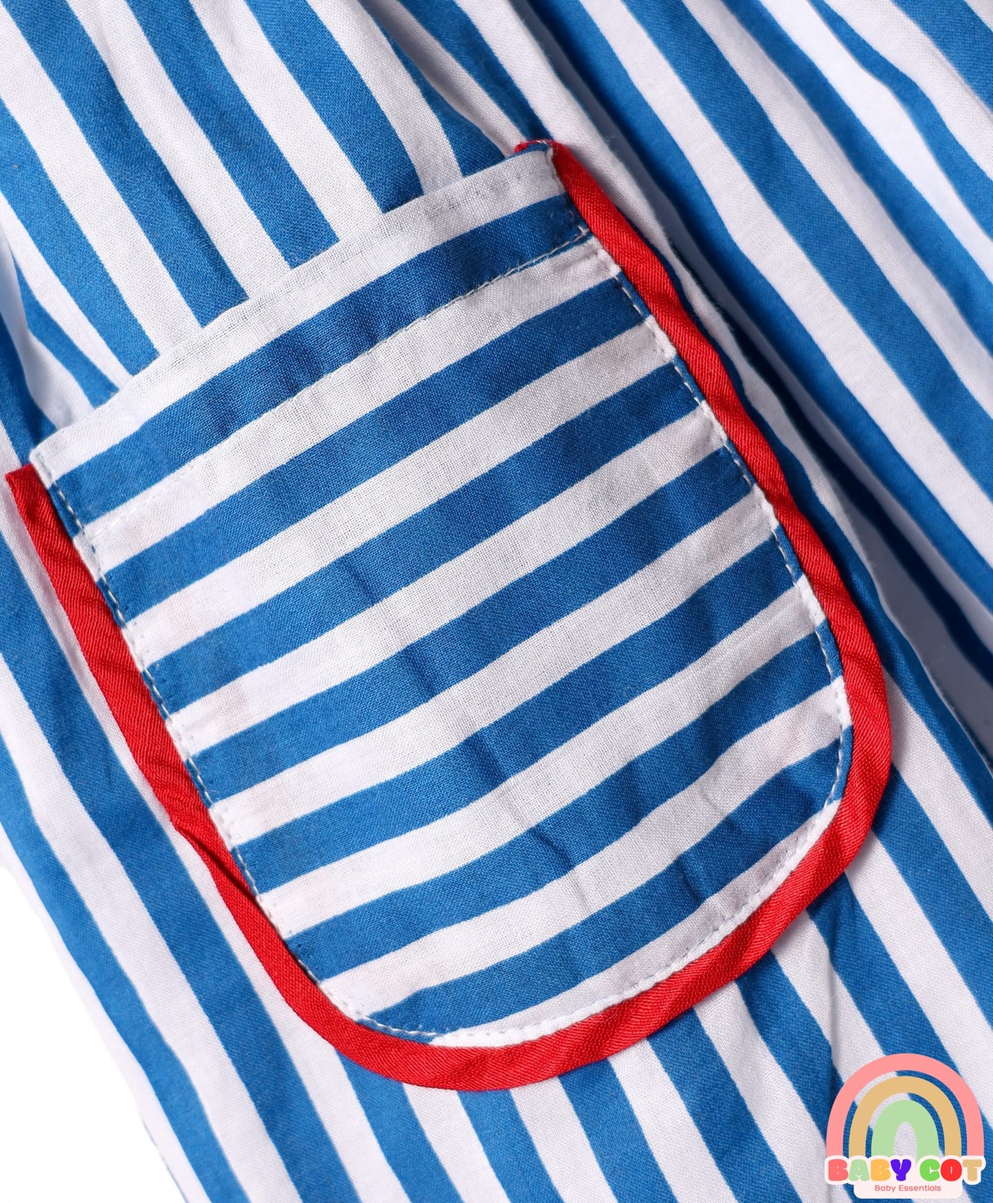 Single Jersey Knit Collar Neck Sleeveless Striped Frock With Bloomers & Belt - Blue
