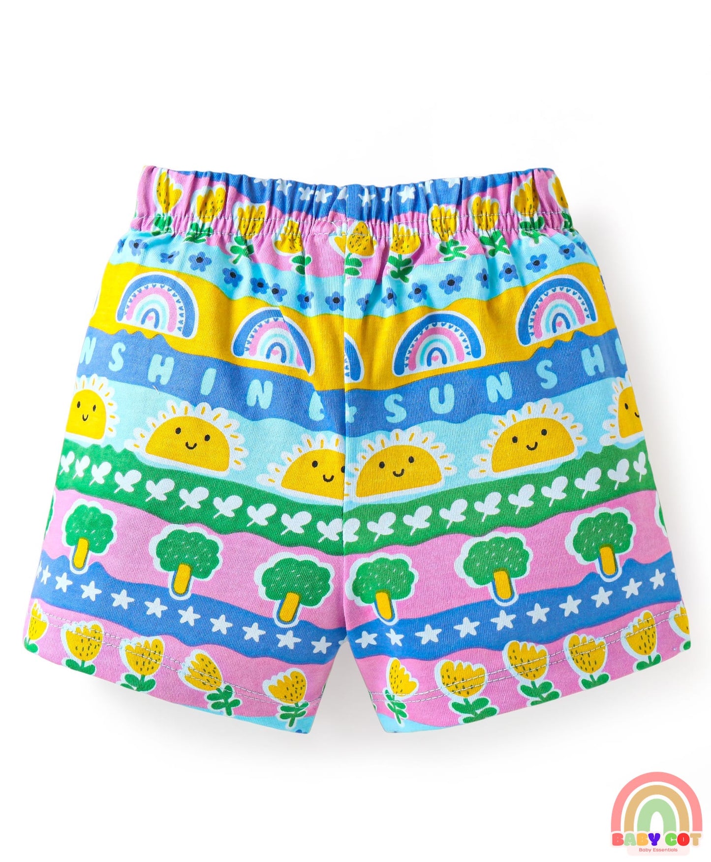 Cotton Single Jersey Knit Mid Thigh Polka Dots & Tropical Theme Printed Shorts with Bow Applique Pack of 3 - Pink Yellow & Blue