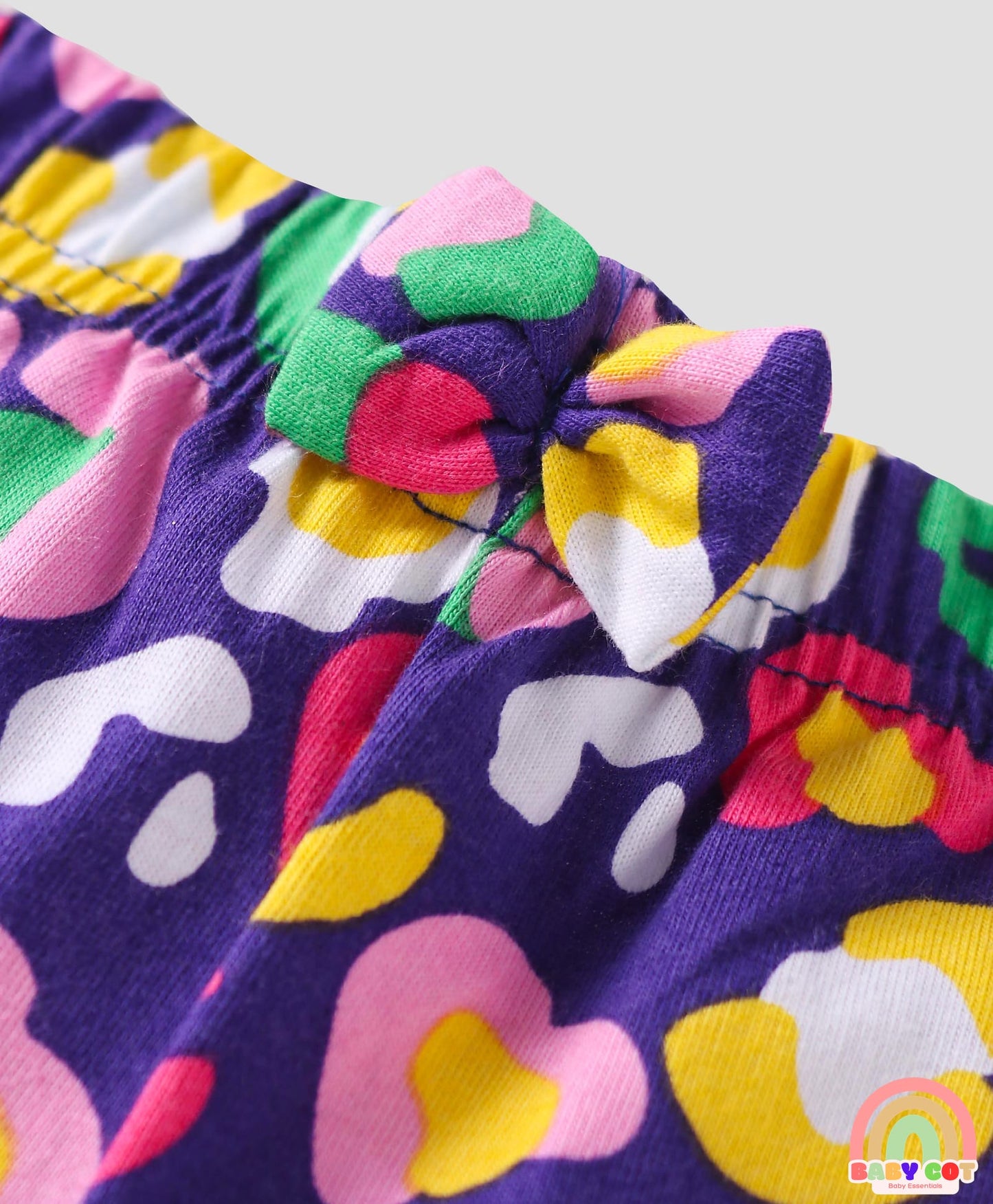 Single Jersey Knit Mid Thigh Bow Applique Shorts with Polka Dots & Hearts Print Pack of 3 - Pink Yellow & Purple