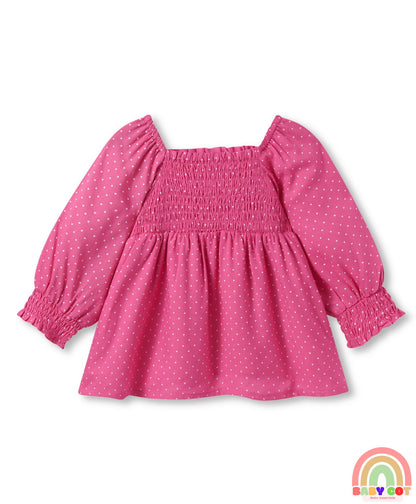 Rayon Woven Full Sleeves Top with Polka Dot Print & Smocked Detailing - Dark Pink