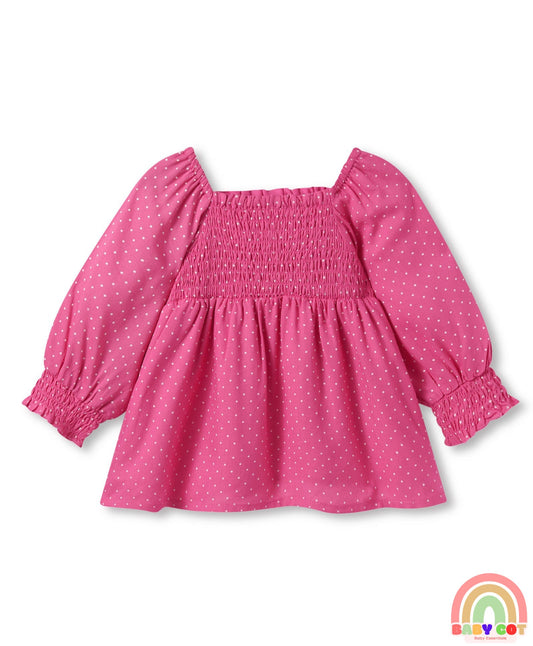 Rayon Woven Full Sleeves Top with Polka Dot Print & Smocked Detailing - Dark Pink