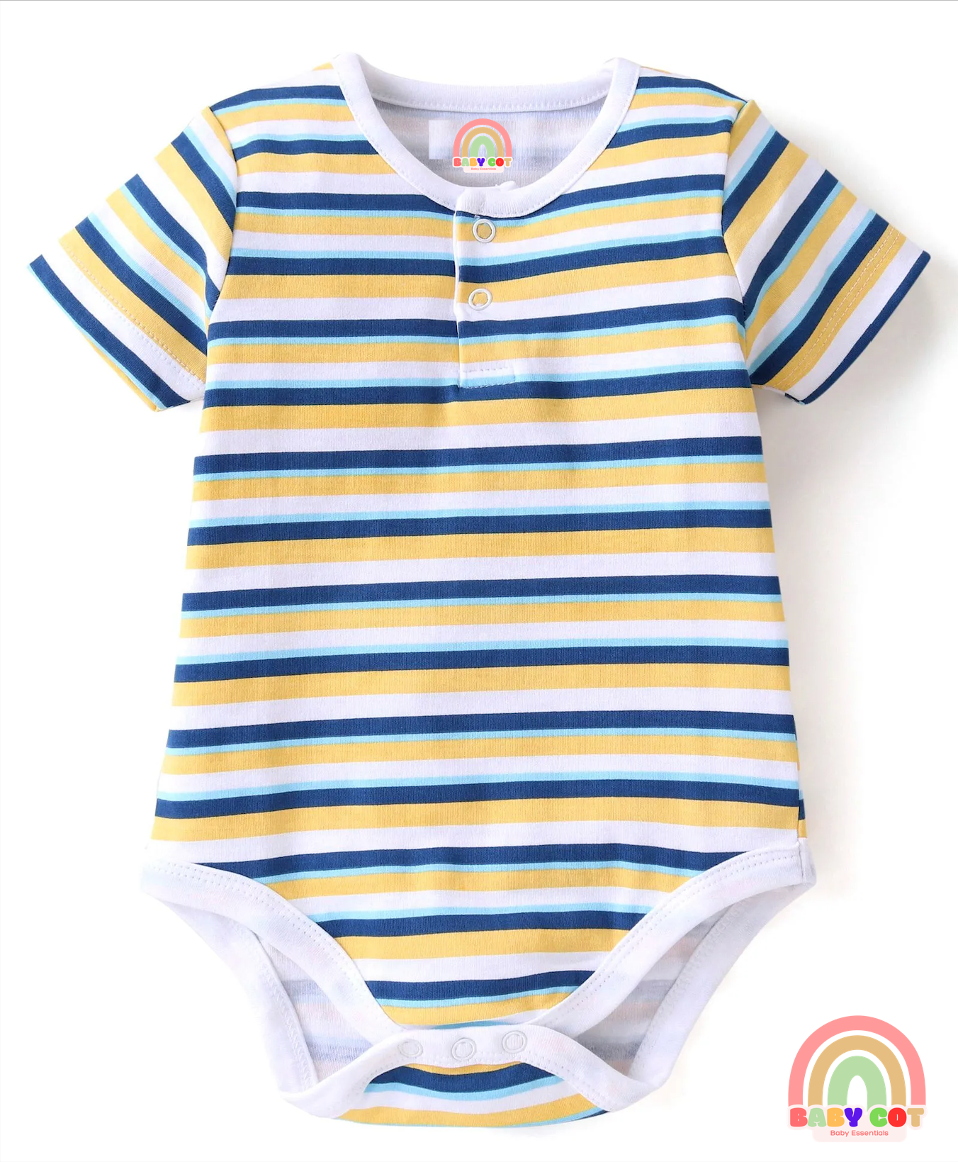 100% Cotton Knit Half Sleeves Onesies Stripes & Bear Print Pack Of 5 - Blue Yellow & White