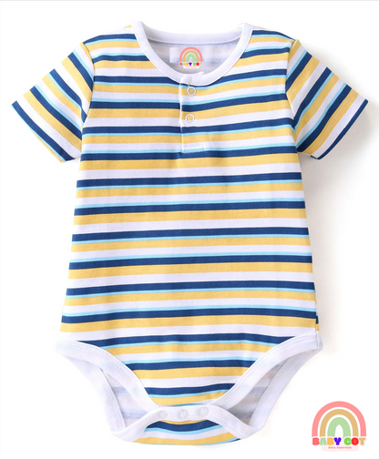 100% Cotton Knit Half Sleeves Onesies Stripes & Bear Print Pack Of 5 - Blue Yellow & White